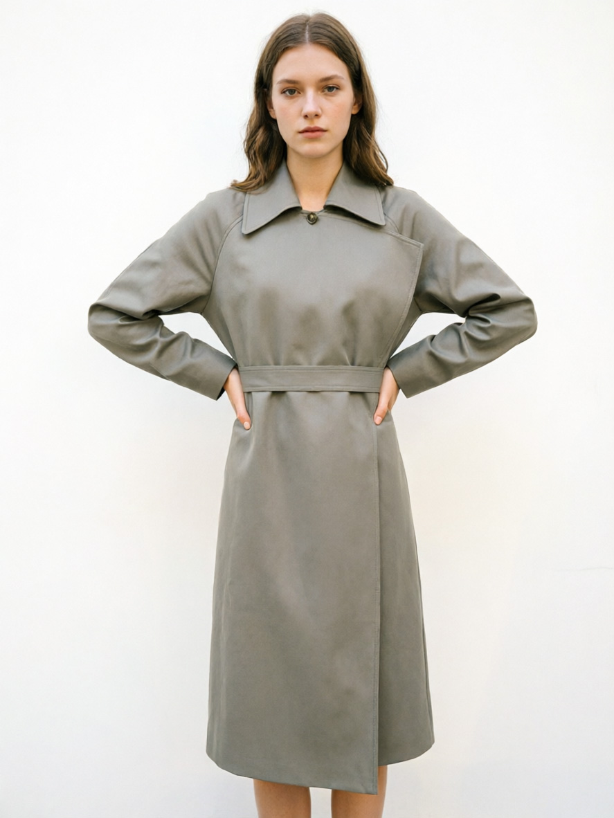 Minimalist Sage Green Midi Trench - Belted Wrap Relaxed Fit Coat  57790