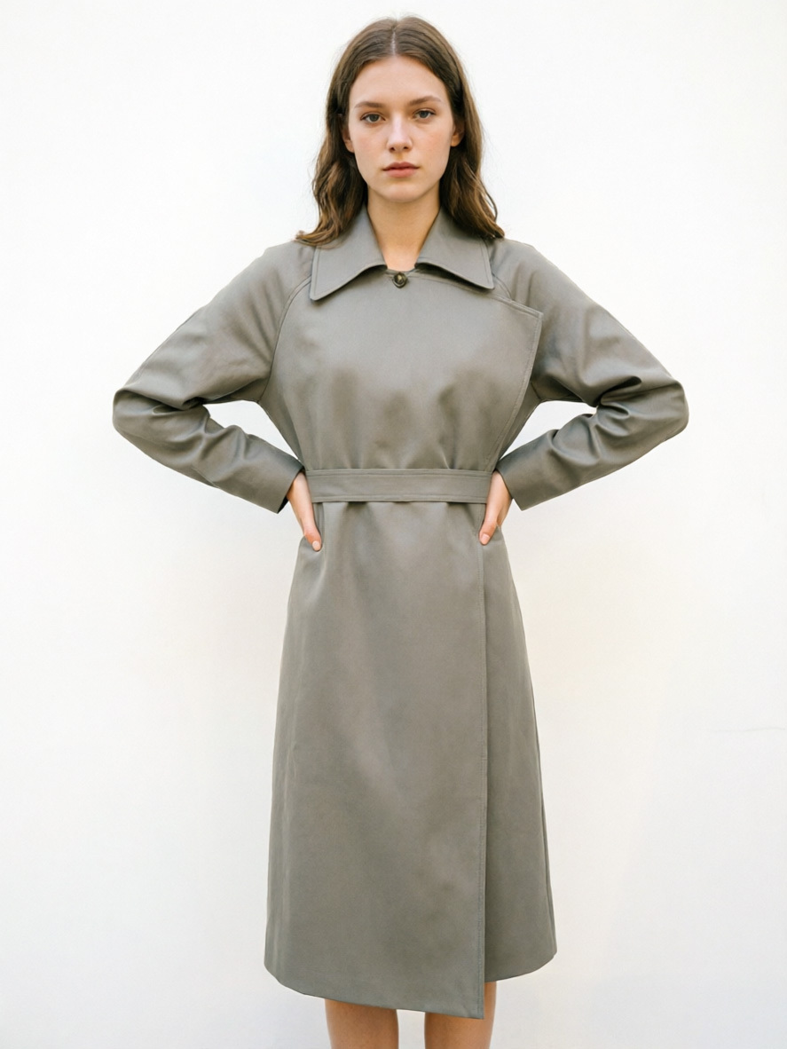 Minimalist Sage Green Midi Trench - Belted Wrap Relaxed Fit Coat  57790