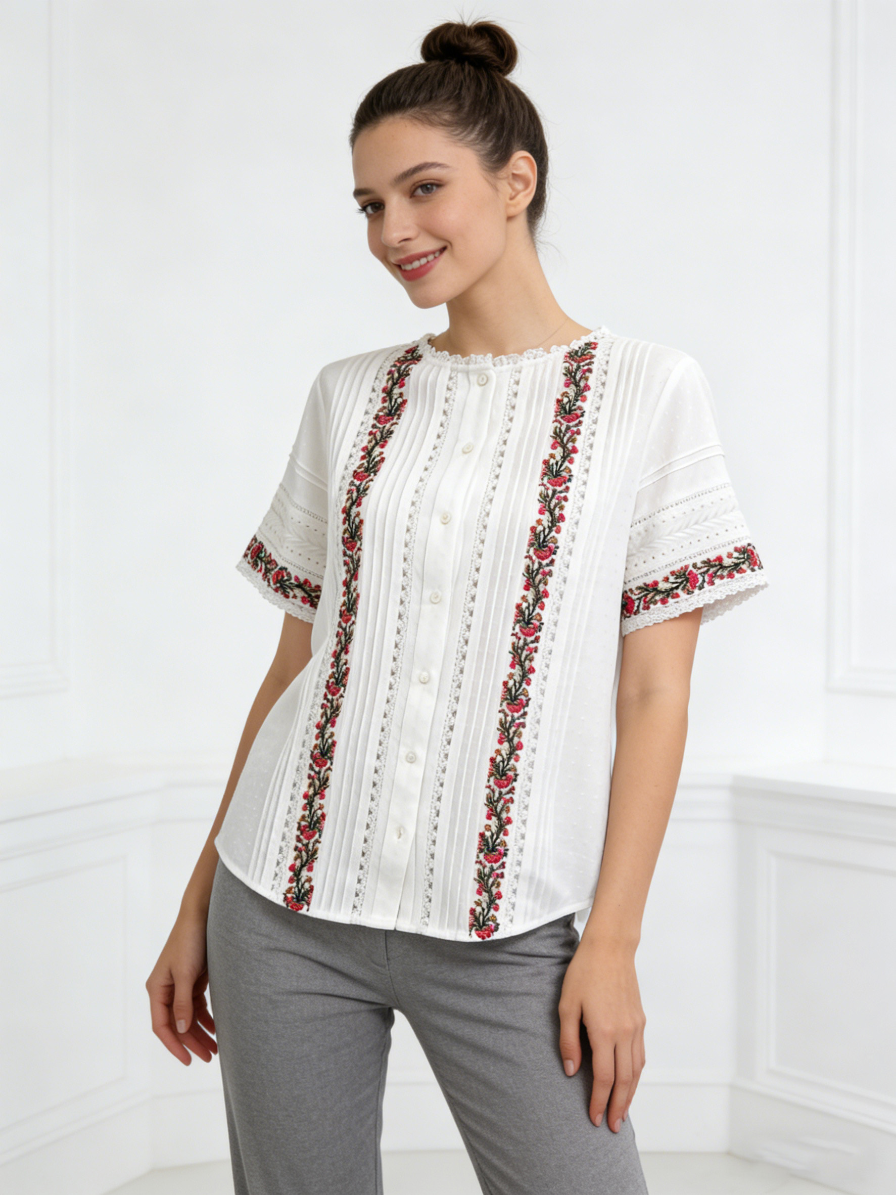 Women's White Boho Floral Embroidered Short Sleeve Blouse - Lace Trim Top  A-42664