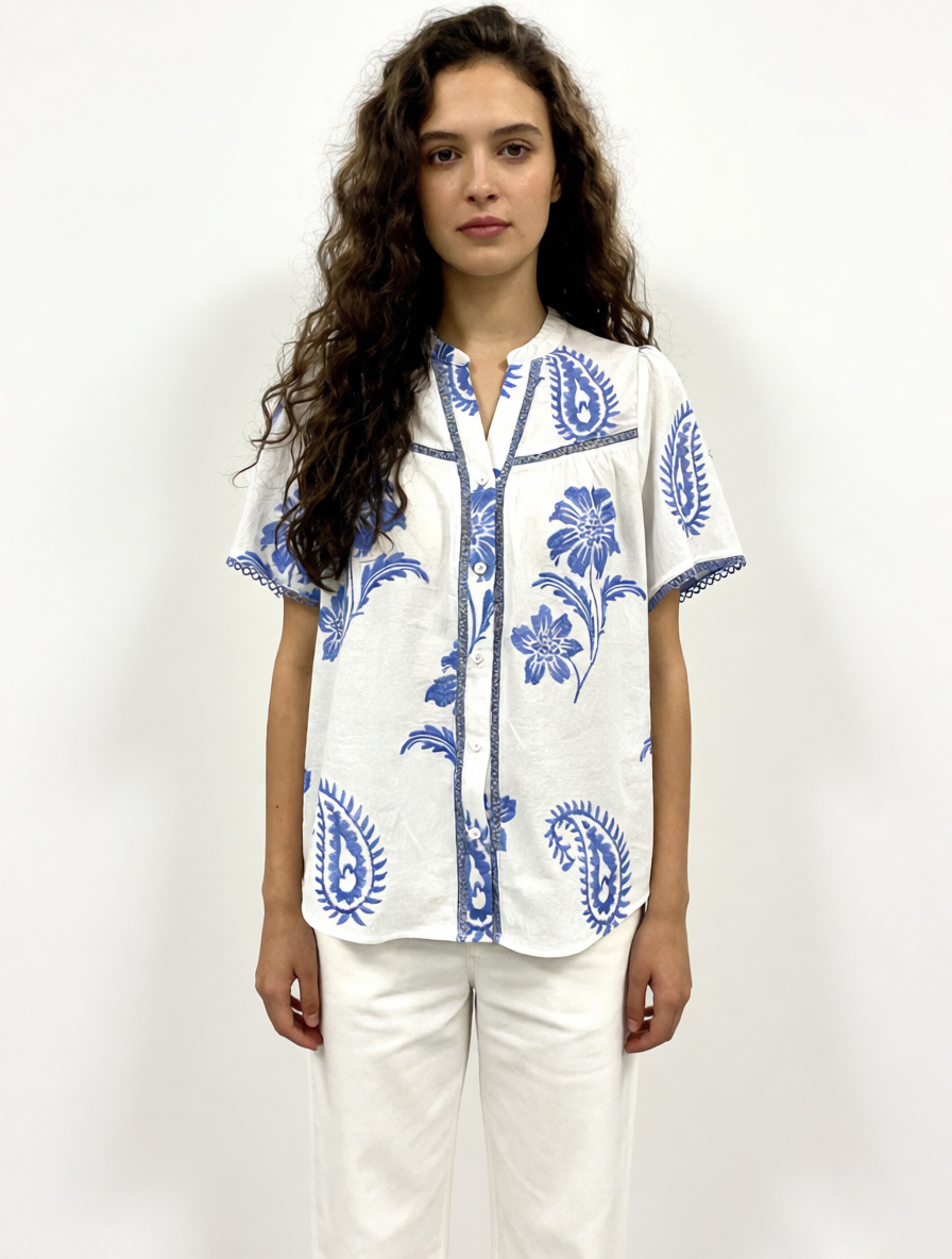 Boho White Paisley Print Shirt - Ruffle Sleeve Vacation Top  W-42744