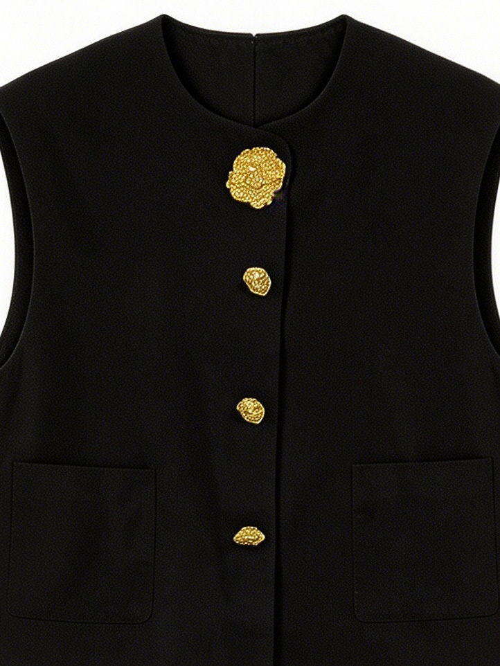 Minimalist Black Boxy Vest & Maxi Skirt Set with Statement Gold Buttons V-C36453