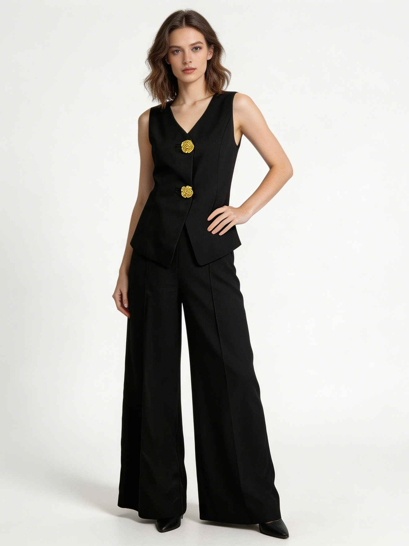 Minimalist Black Boxy Vest & Maxi Skirt Set with Statement Gold Buttons YB-002