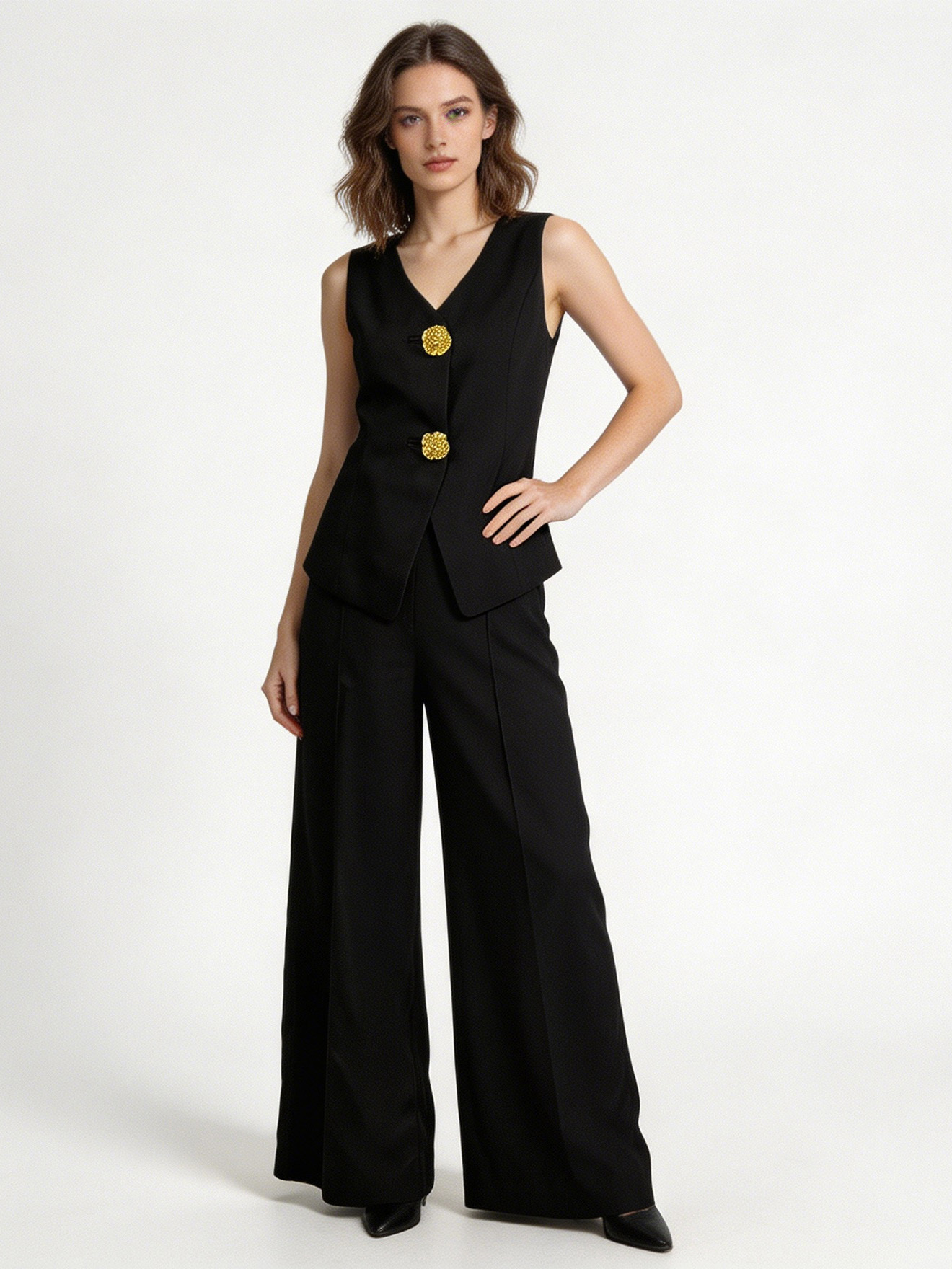 Minimalist Black Boxy Vest & Maxi Skirt Set with Statement Gold Buttons YB-002