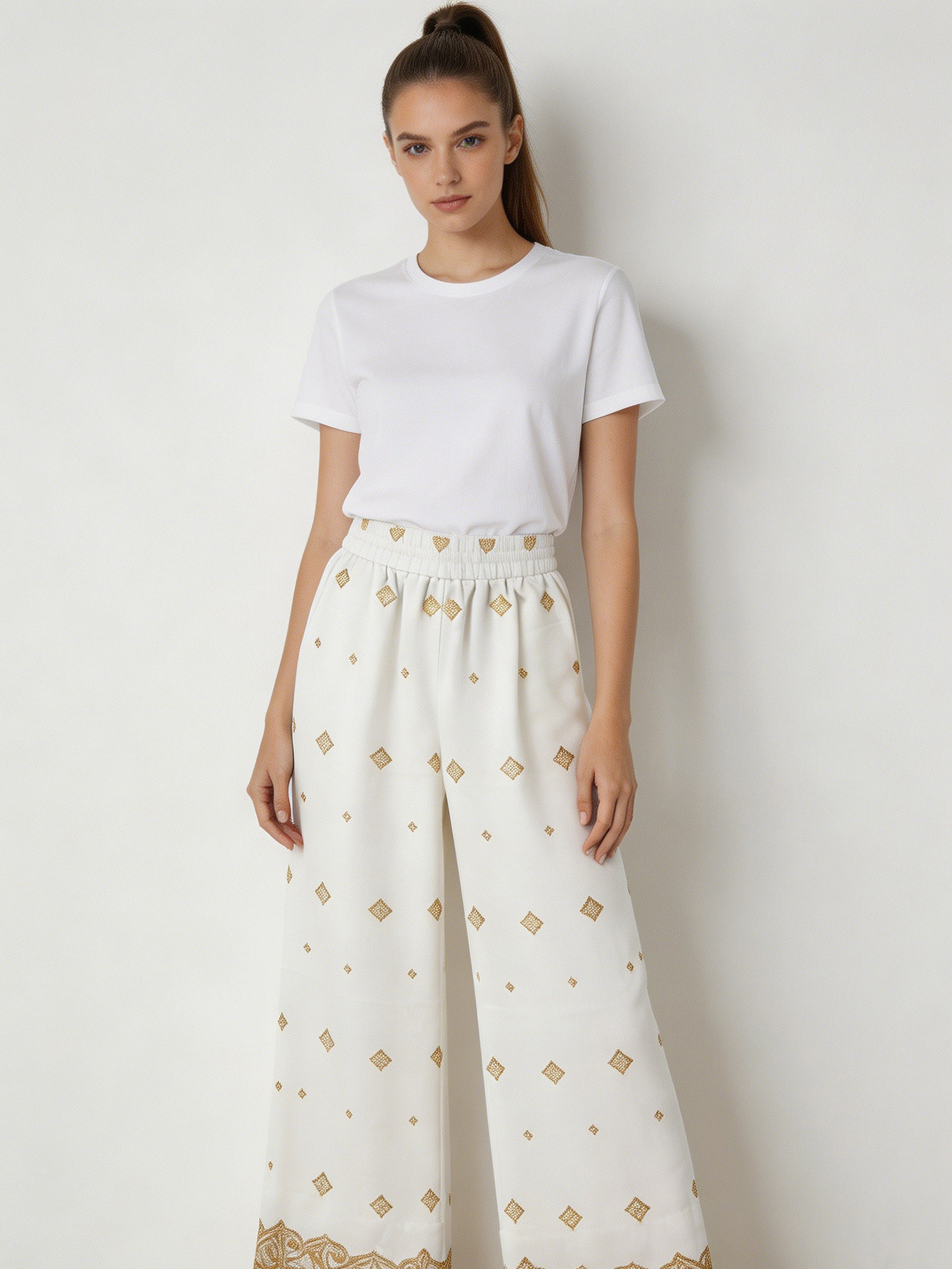 Chic  Gold Embroidered Trousers - High Waist Boho Wide Leg Pants  AN-710002