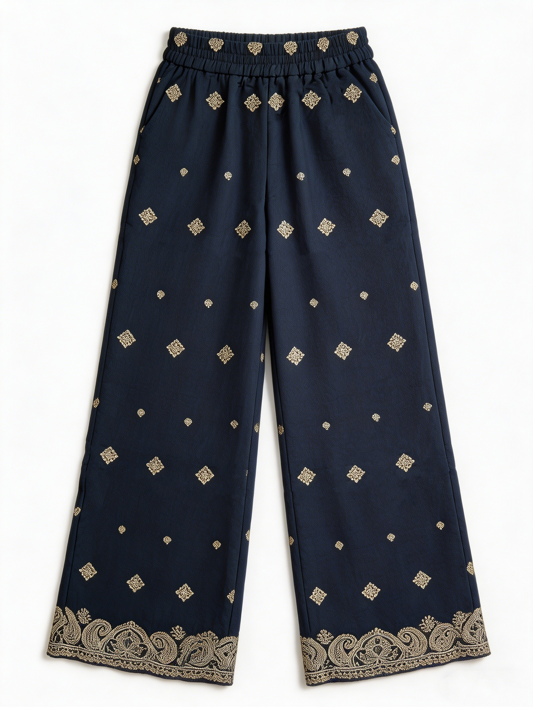Chic  Gold Embroidered Trousers - High Waist Boho Wide Leg Pants  AN-710002
