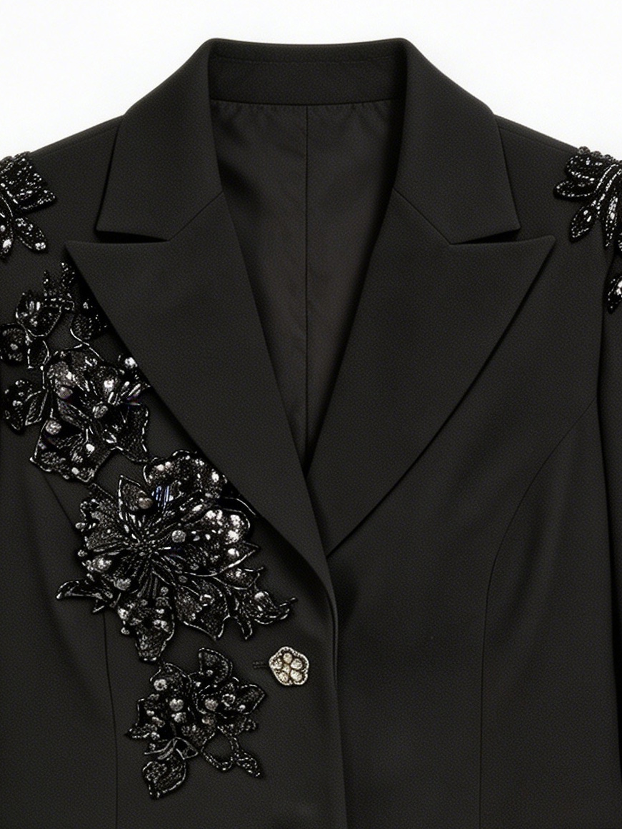 Glamorous Couture-Inspired Black Suit Jacket - Sophisticated Occasion Wear 8013-190