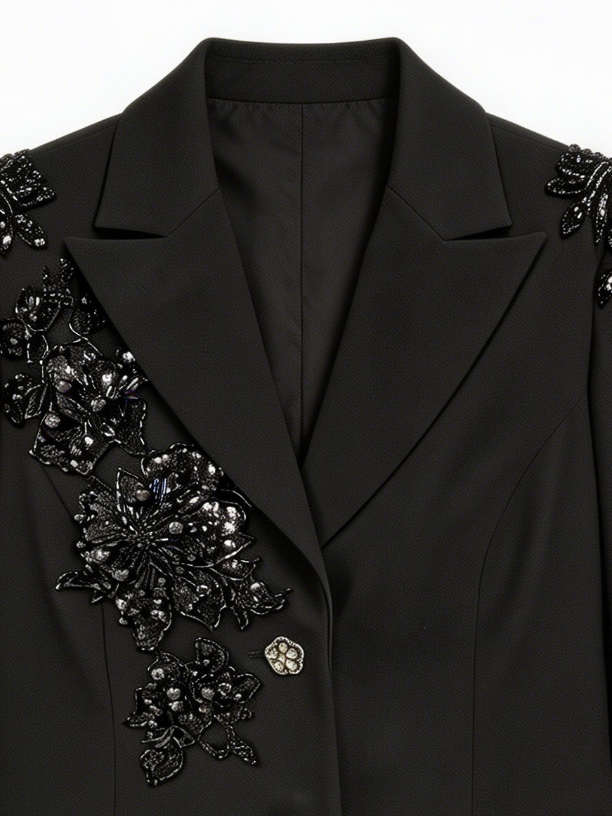 Glamorous Couture-Inspired Black Suit Jacket - Sophisticated Occasion Wear 8013-190