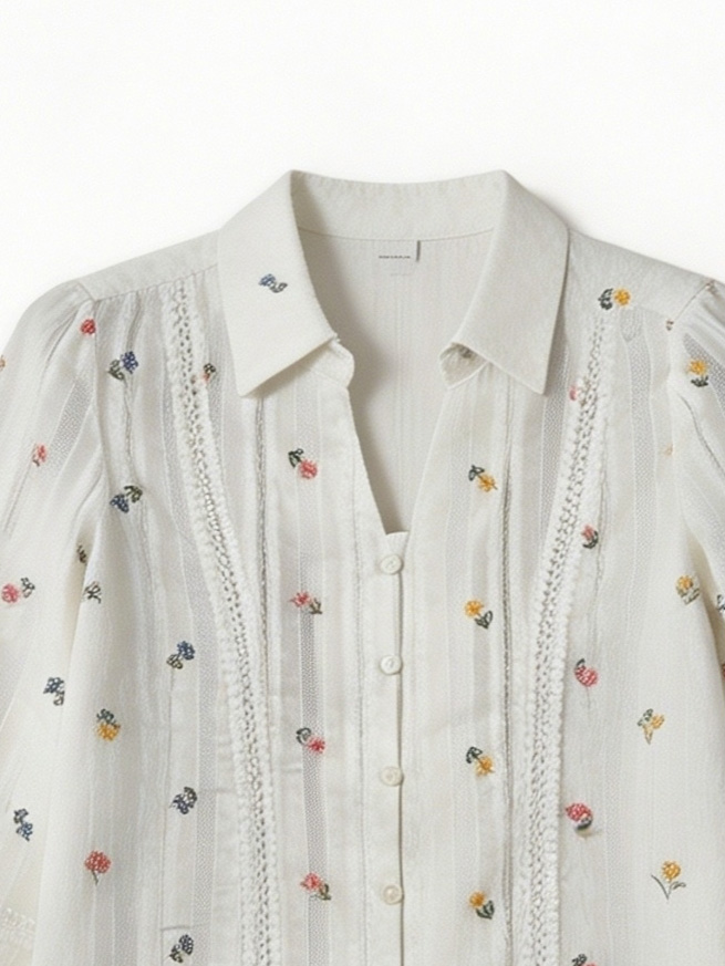 French Style White Floral Embroidered Shirt - Ruffle Sleeve Blouse  AN-710006
