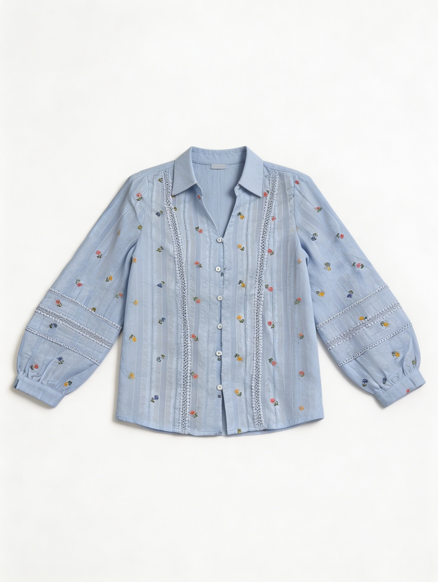 French Style White Floral Embroidered Shirt - Ruffle Sleeve Blouse  AN-710006