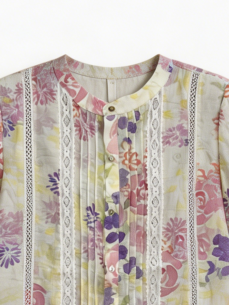 Boho  Floral Print Shirt - Lace Trim Relaxed Fit Blouse AN-710007