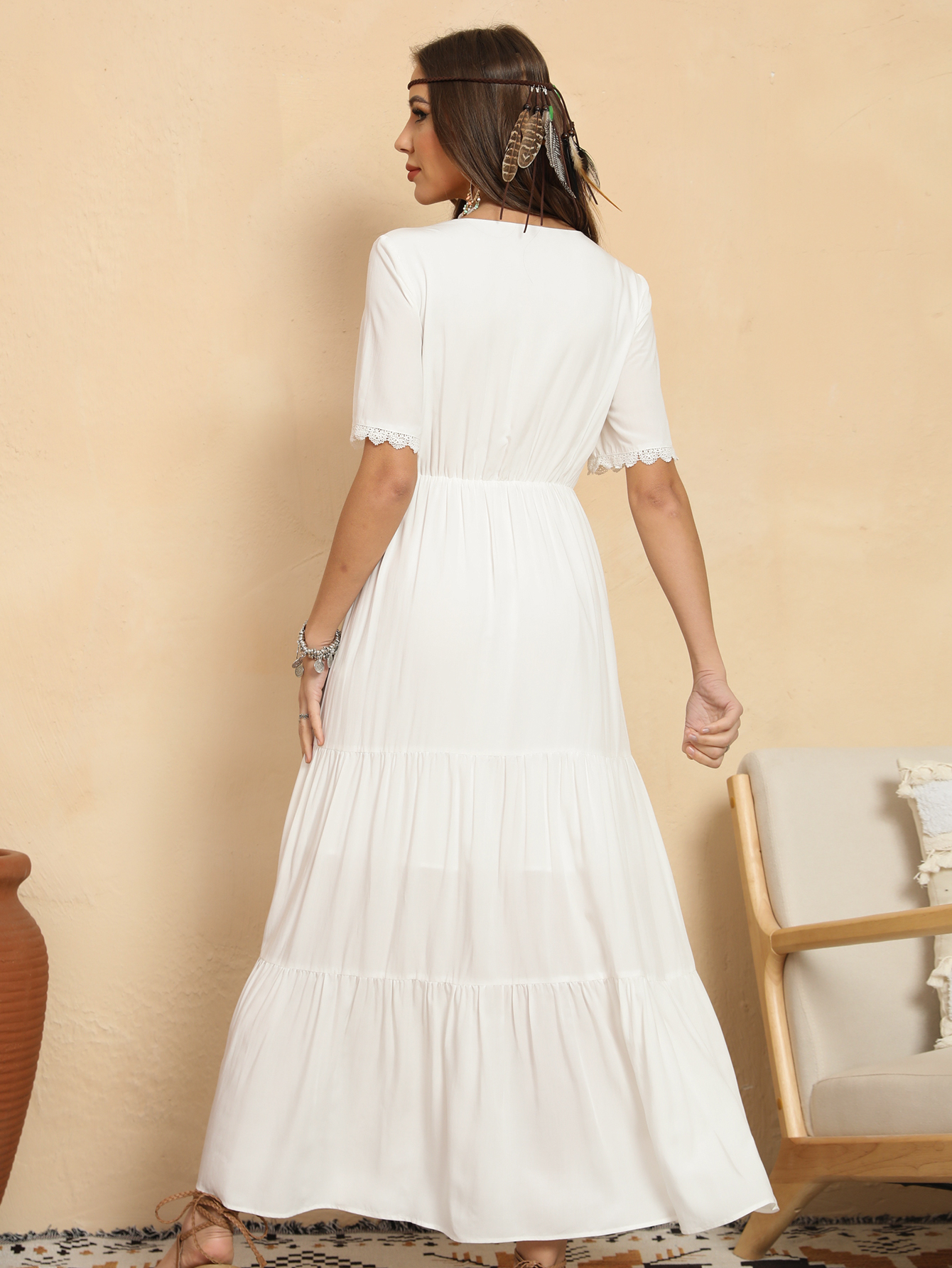 Women’s White Boho Tiered Maxi Dress with Tassel Tie D-34727