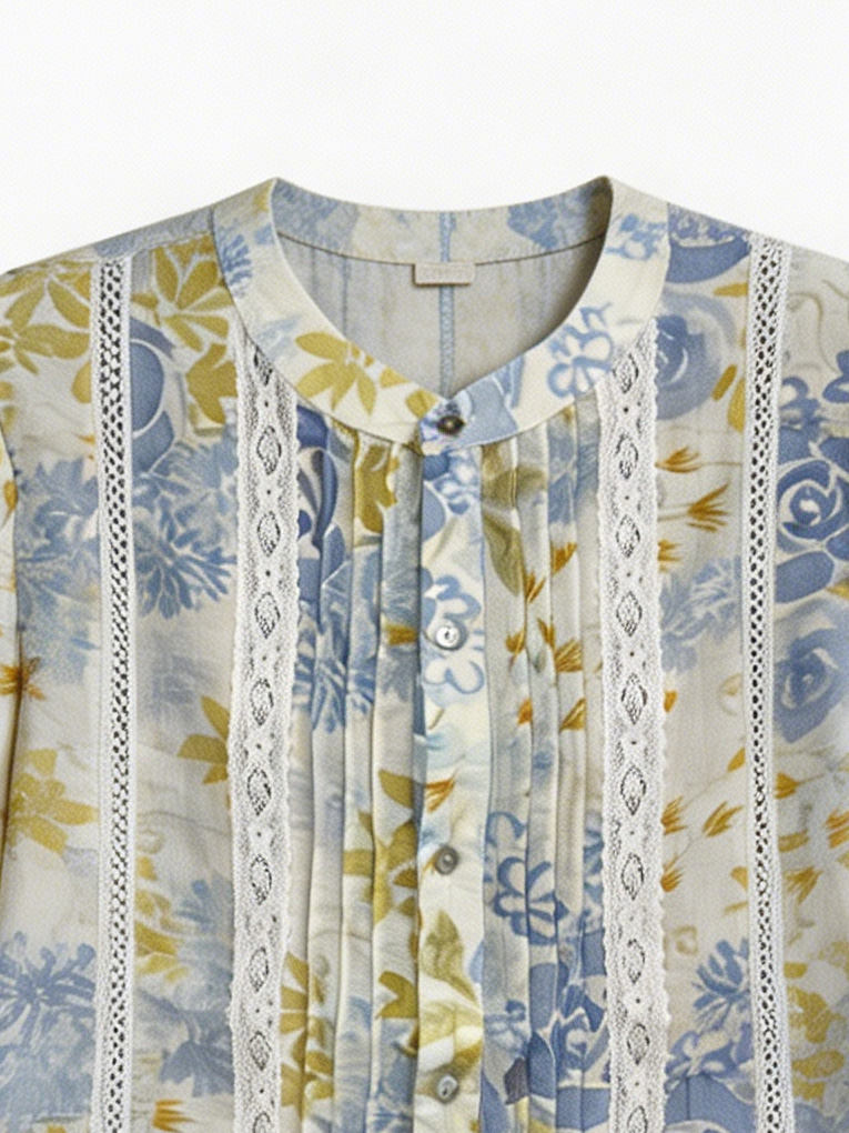 Boho  Floral Print Shirt - Lace Trim Relaxed Fit Blouse AN-710007