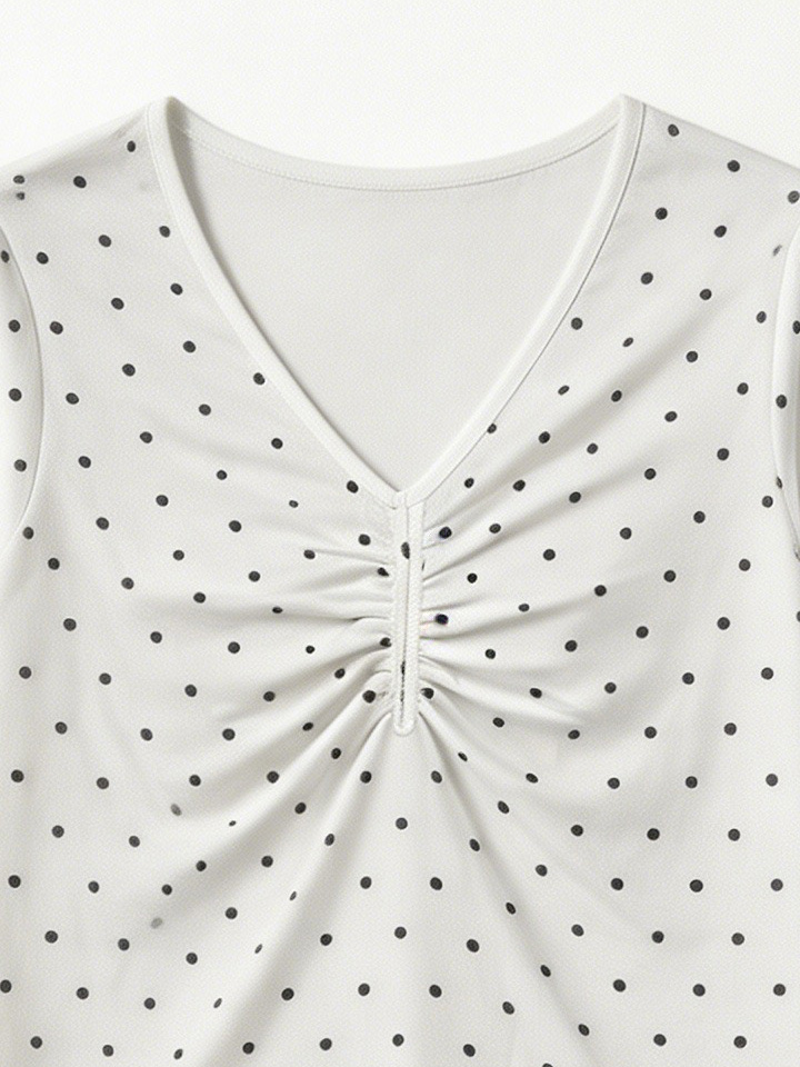 French Style Polka Dot Ruched Tee - V-Neck Slim Fit Top  AN-710008