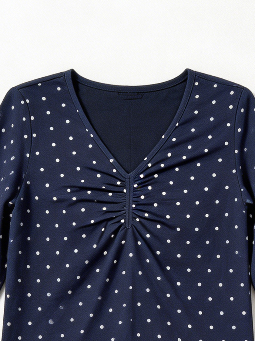 French Style Polka Dot Ruched Tee - V-Neck Slim Fit Top  AN-710008