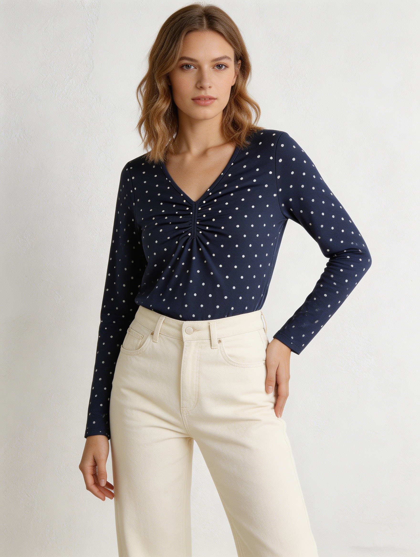 French Style Polka Dot Ruched Tee - V-Neck Slim Fit Top  AN-710008