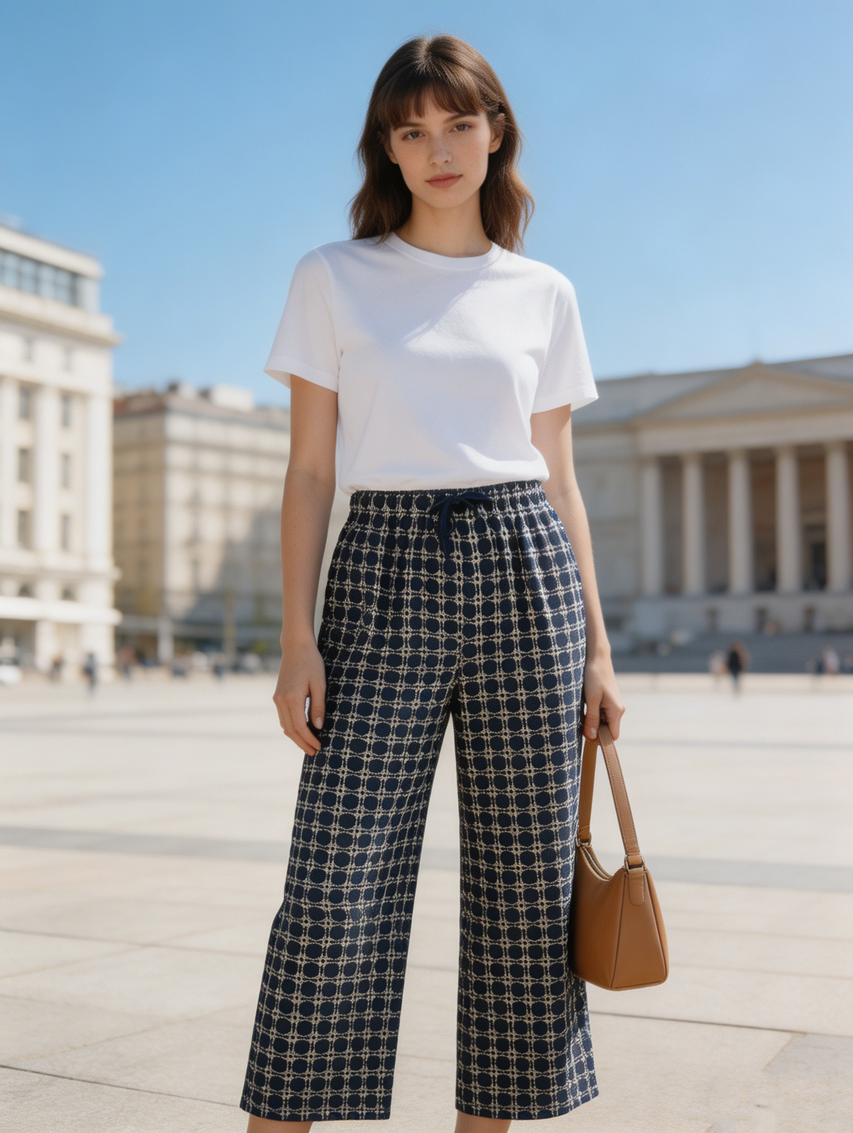 Women's Navy Geometric Circle Print Wide Leg Pants - Drawstring Waist Trousers  AN-710013
