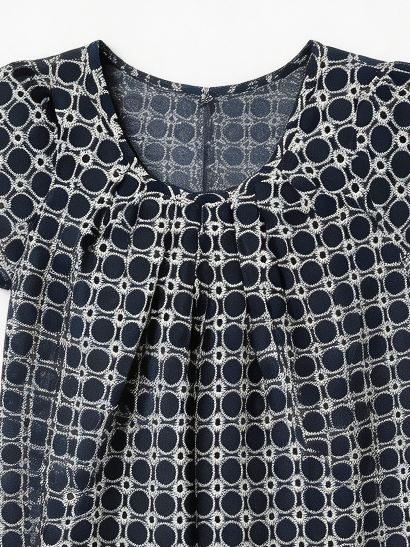Retro Navy Geometric Print Dress - Round Neck Relaxed Fit Shift Dress  AN-710015