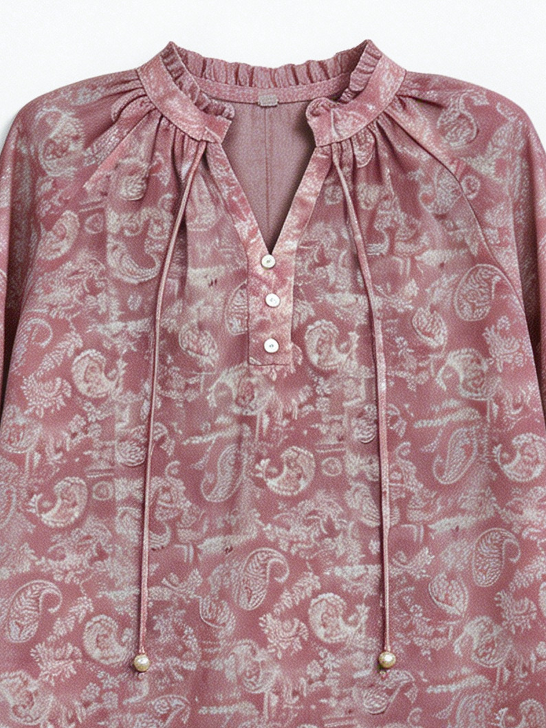 Women's  Paisley Print Blouse - Tie Neck Puff Sleeve Top AN-710020