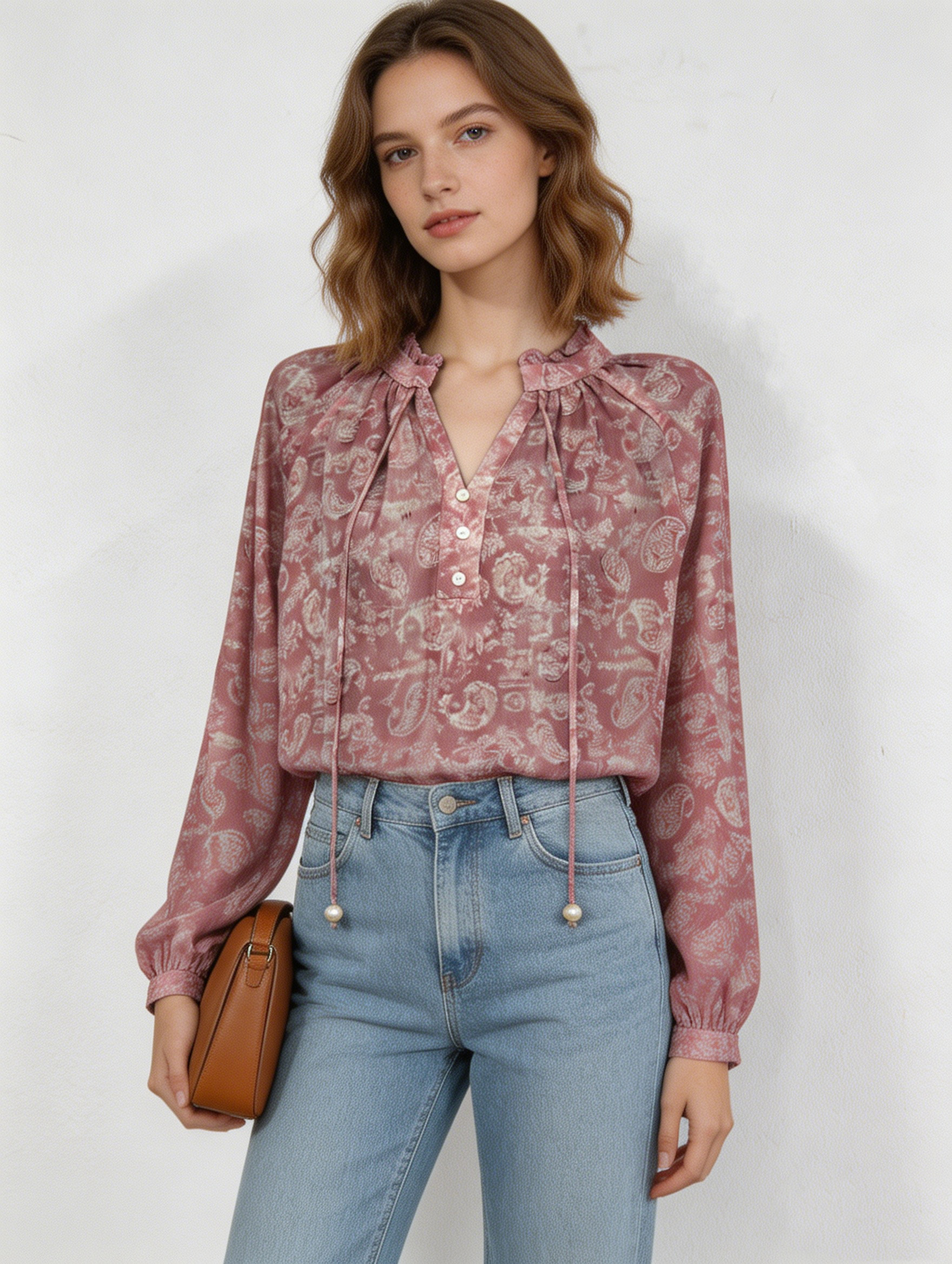 Women's  Paisley Print Blouse - Tie Neck Puff Sleeve Top AN-710020