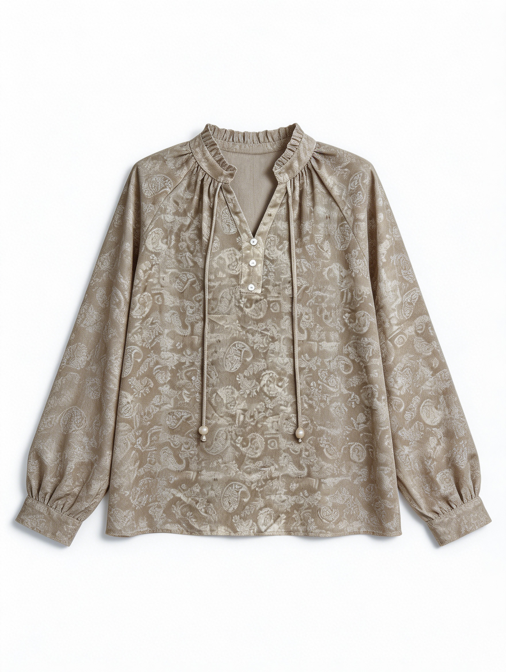 Women's  Paisley Print Blouse - Tie Neck Puff Sleeve Top AN-710020