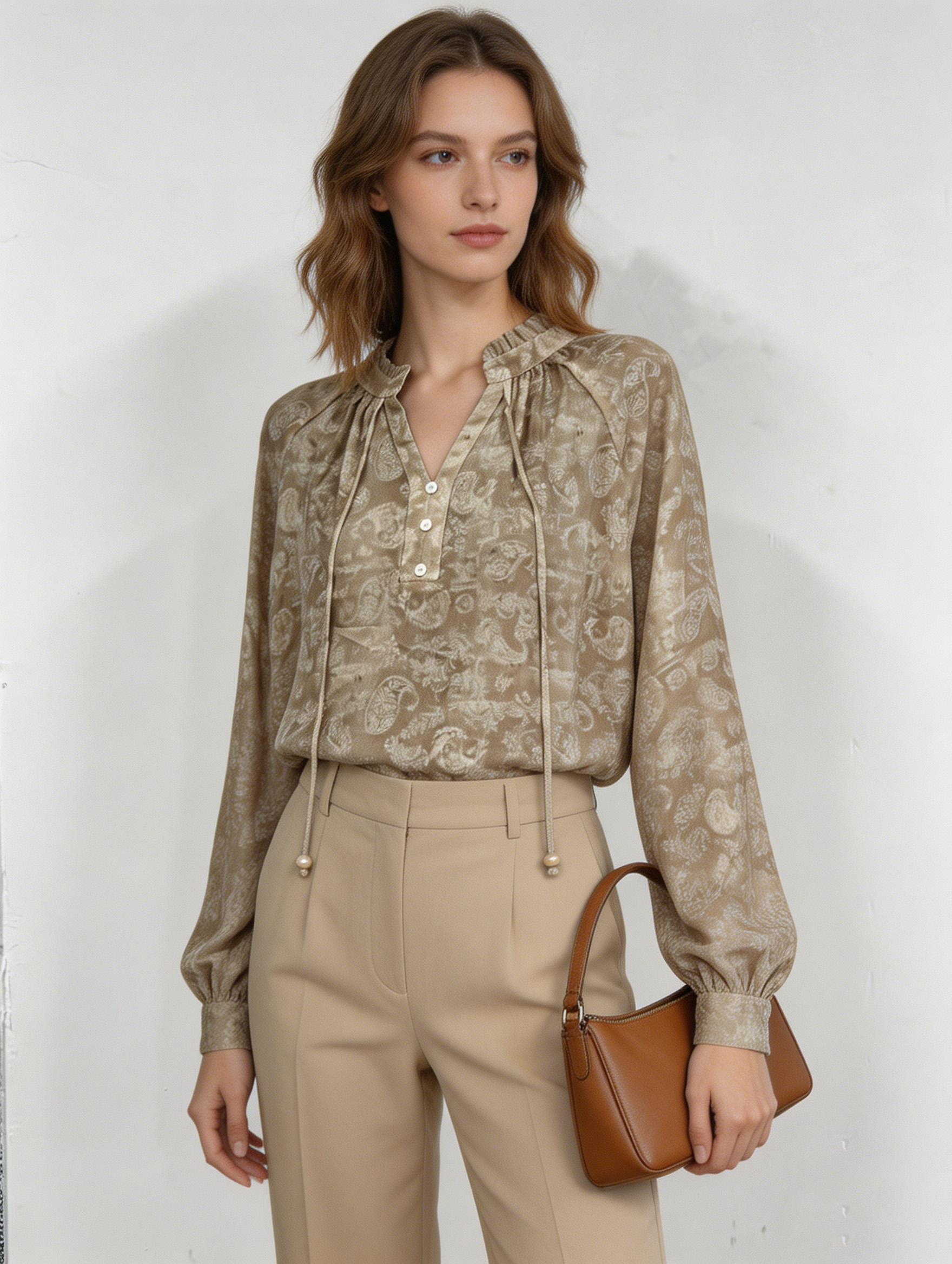 Women's  Paisley Print Blouse - Tie Neck Puff Sleeve Top AN-710020