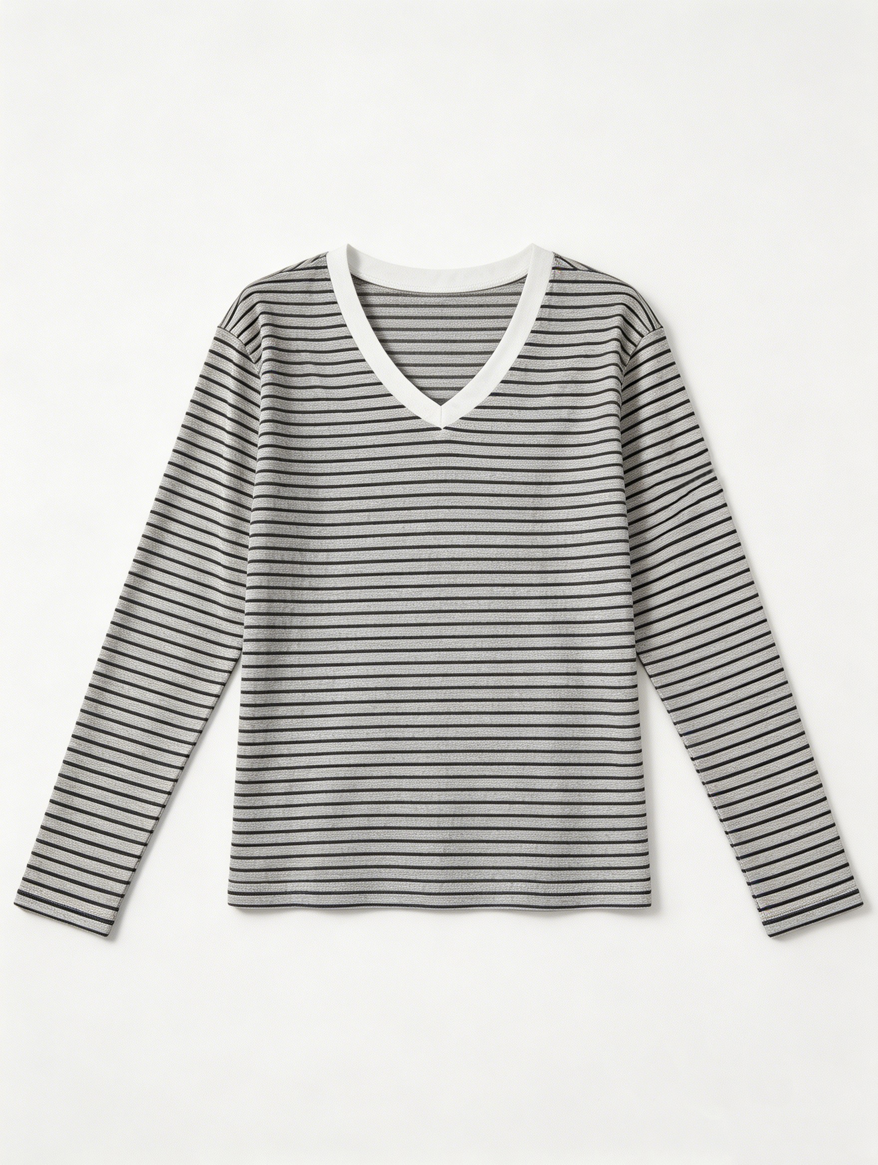 Minimalist Grey Stripe V-Neck Tee - Long Sleeve Casual Base Layer  C-41931-1
