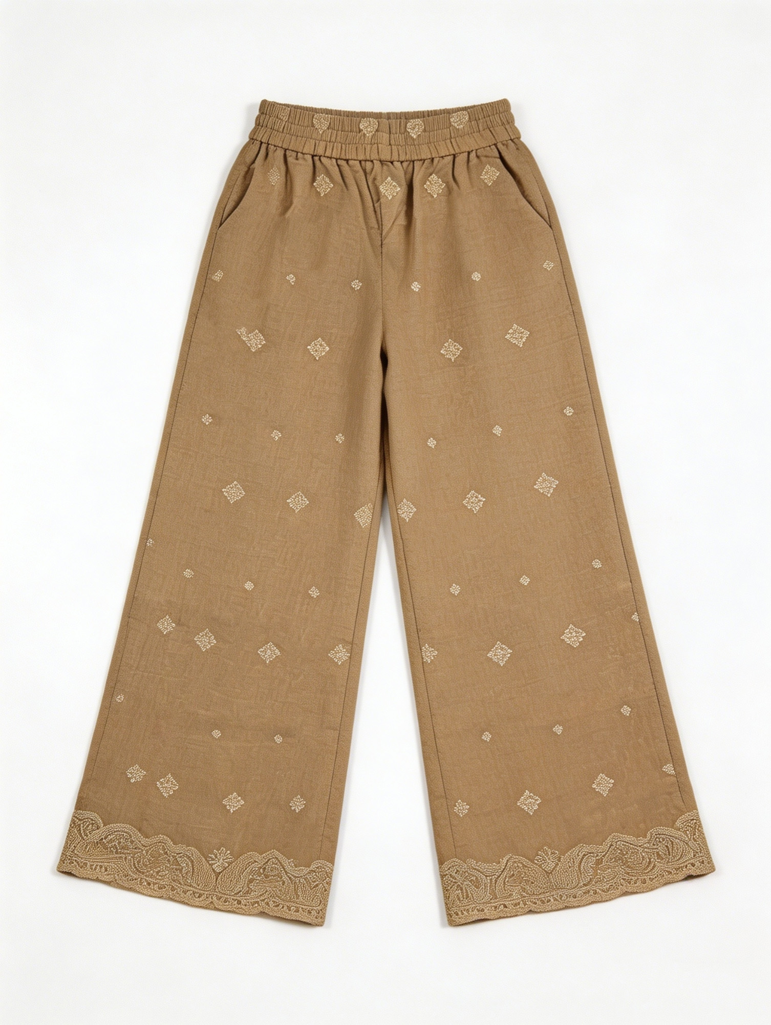 Boho Khaki Geometric Embroidered Pants - High Waist Relaxed Fit Trousers  AN-710002