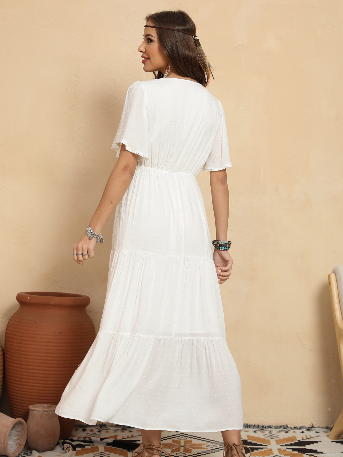 Women’s Boho Embroidered V-Neck Tiered Maxi Dress D-34762