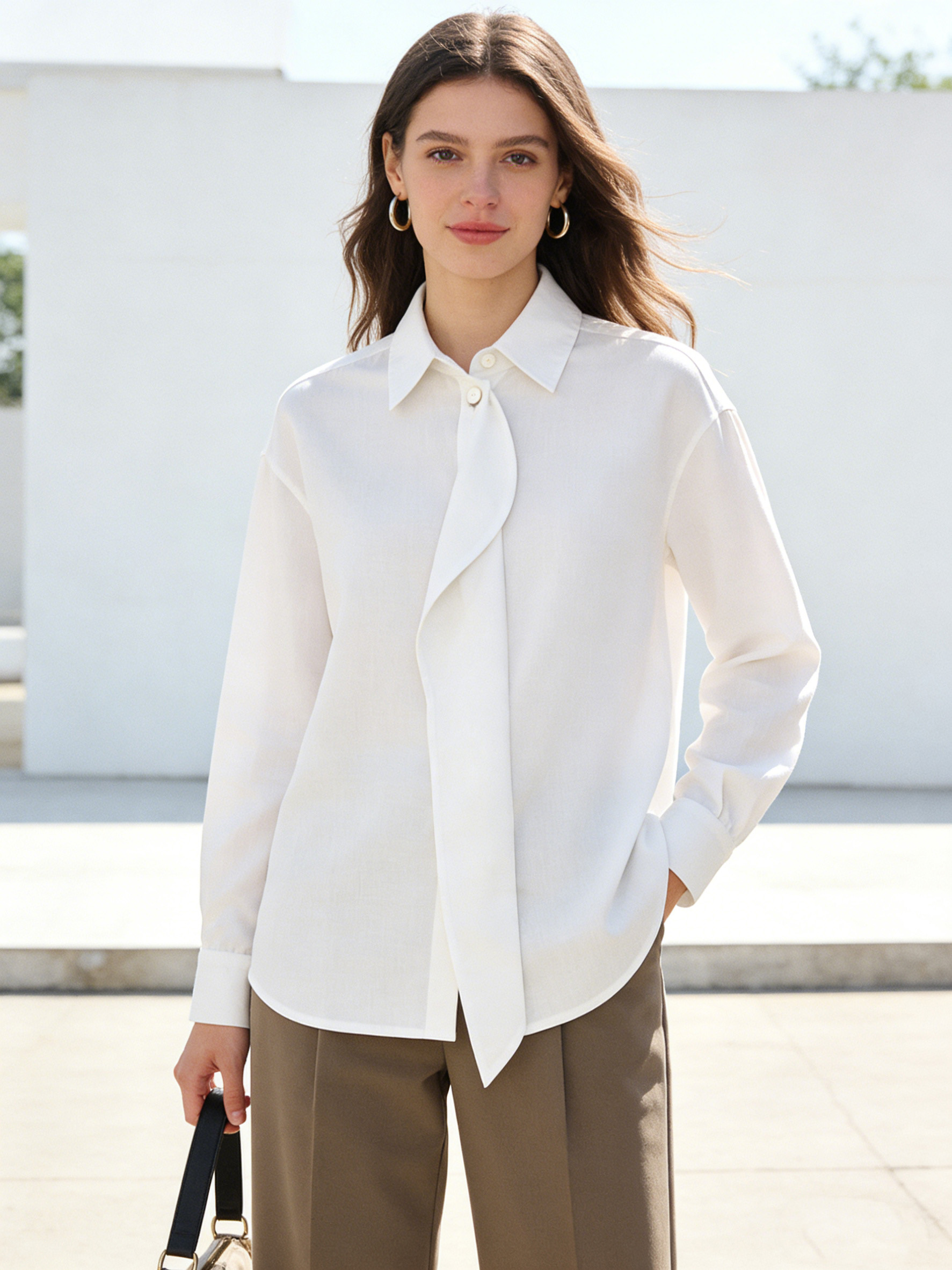 Elegant White Draped Front Shirt - Oversized Collar Office Blouse  AN-710011