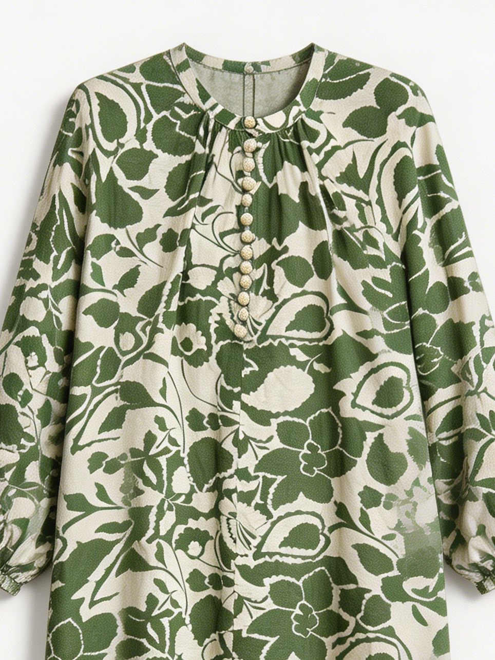 Boho Green Floral Print Dress - Long Sleeve Relaxed Fit Maxi Dress  C-40021