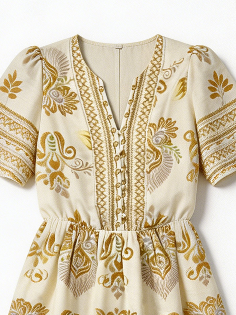 Ethnic Style Beige Gold Paisley Dress - High Waist A-Line Dress  C-40115