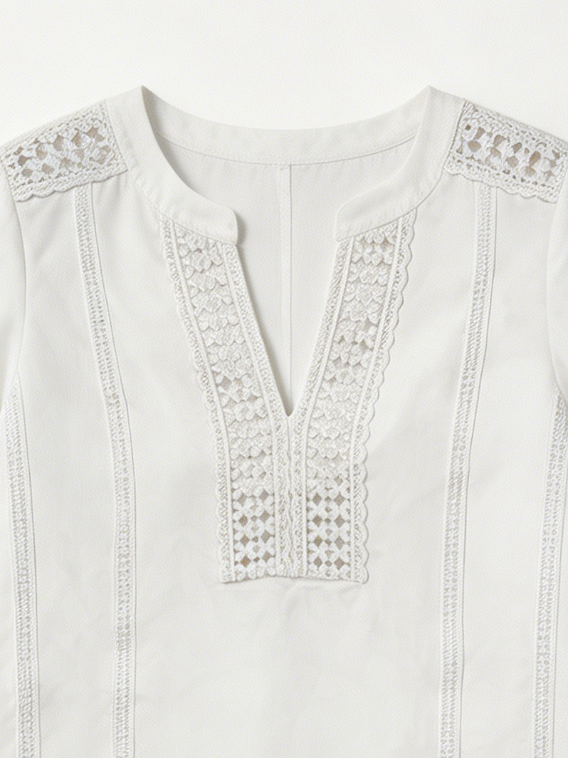 Women's White Lace Trim Stand Collar Long Sleeve Blouse - Puff Sleeve Top  C-40458