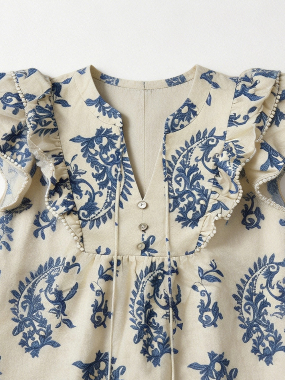Elegant Beige Paisley Print Flutter Sleeve Top - Tassel Tie Neck Blouse  D-41893