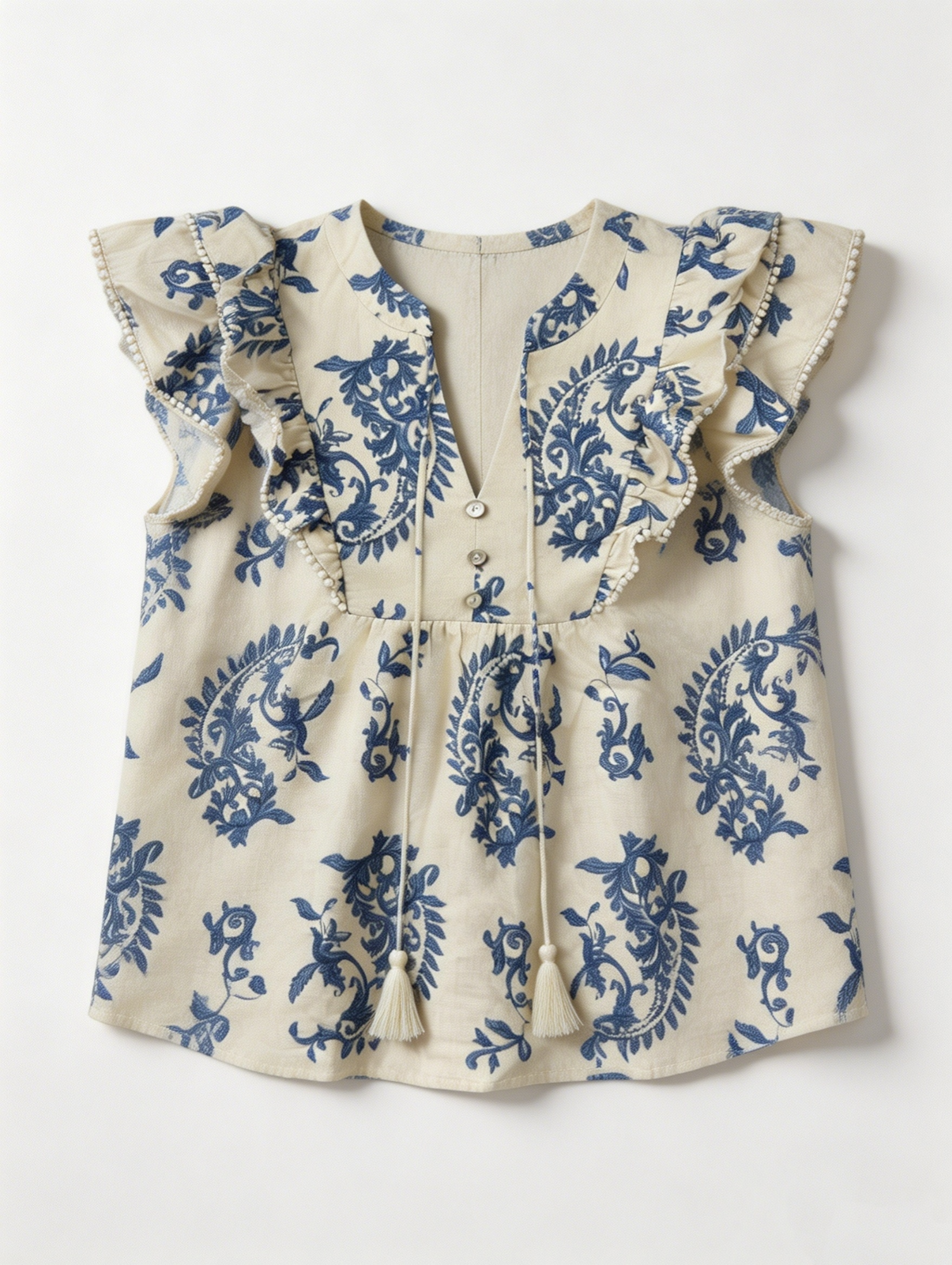 Elegant Beige Paisley Print Flutter Sleeve Top - Tassel Tie Neck Blouse  D-41893
