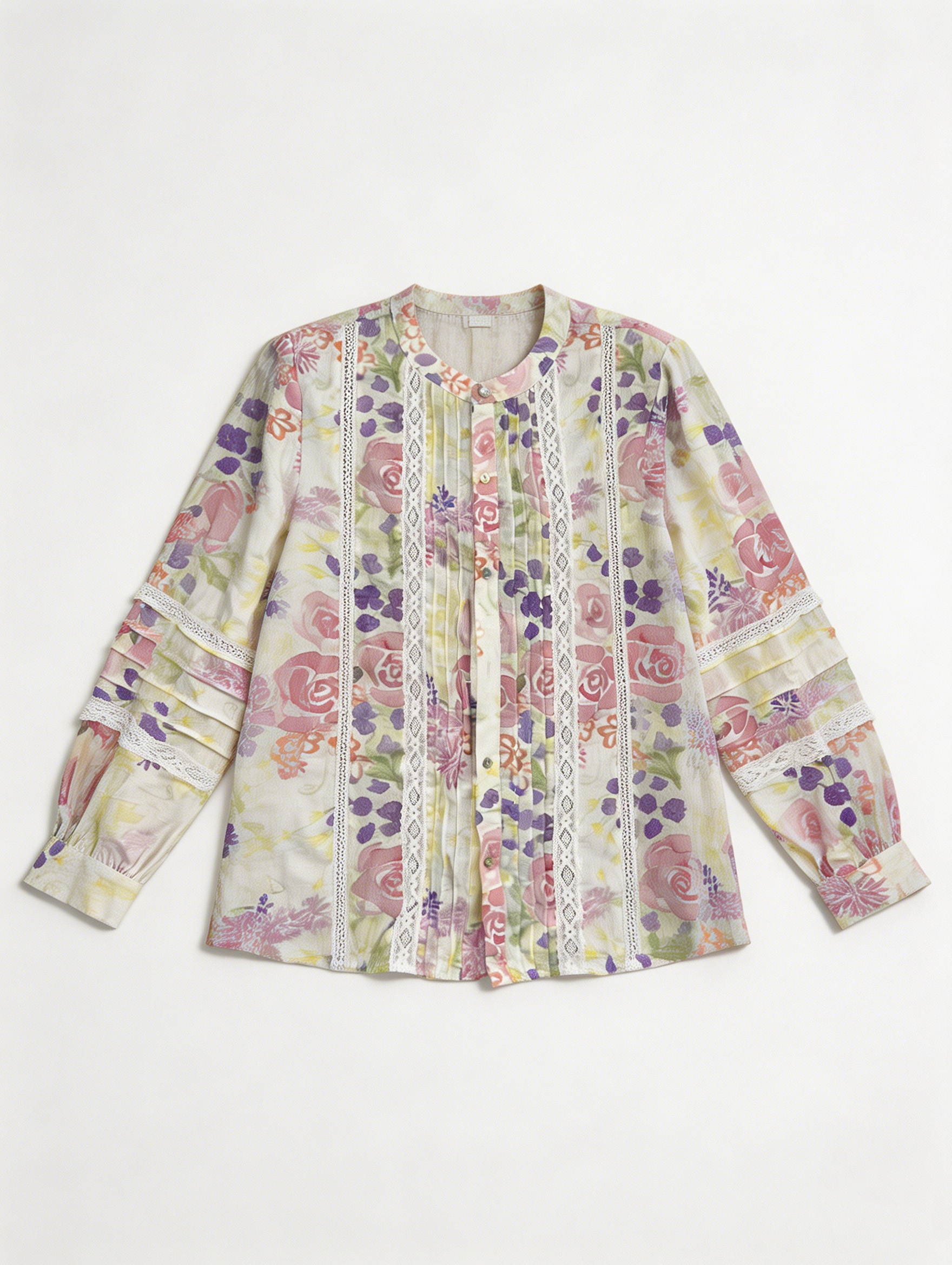 Boho Pink Floral Print Shirt - Lace Trim Relaxed Fit Blouse  D-42013