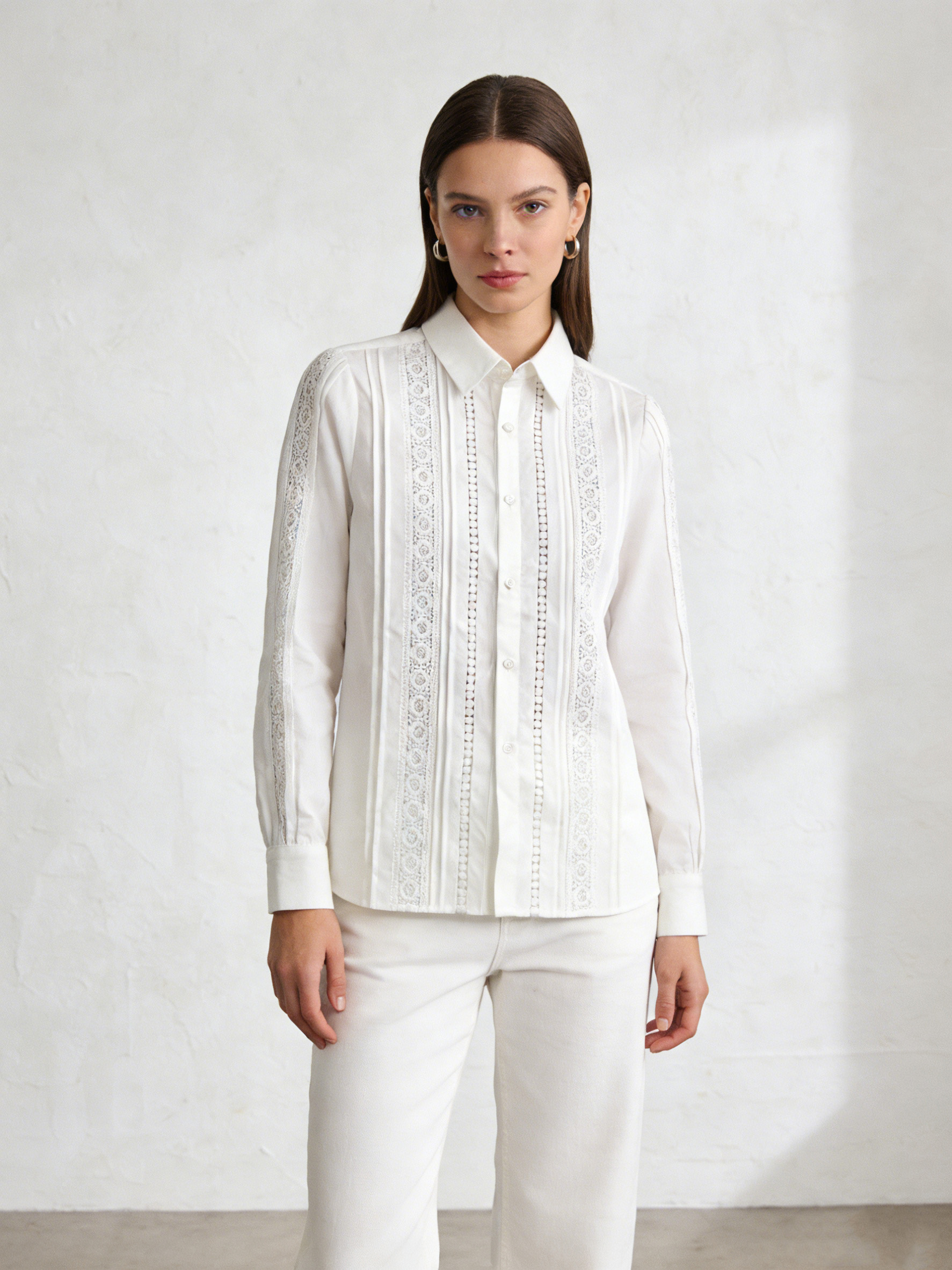 Chic White Lace Embroidered Blouse - Collared Relaxed Fit Top  D-42050