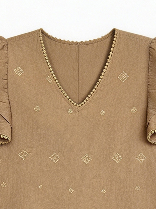 Women's Khaki Geometric Embroidered Two Piece Set - Ruffle Sleeve Top & Wide Leg Pants D-42075+D-42076