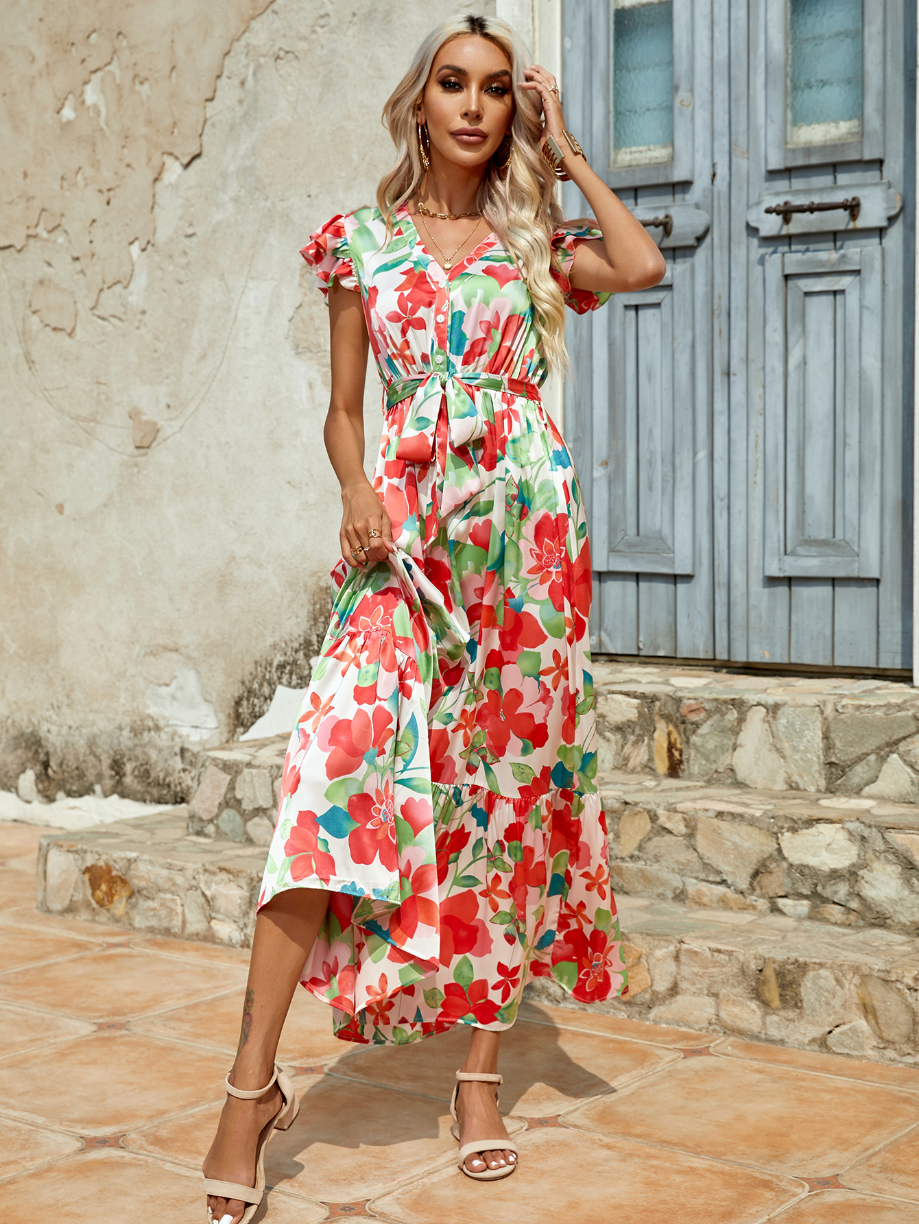 Women’s Tropical Floral Tie Waist Ruffle Sleeve Midi Dress D-34764