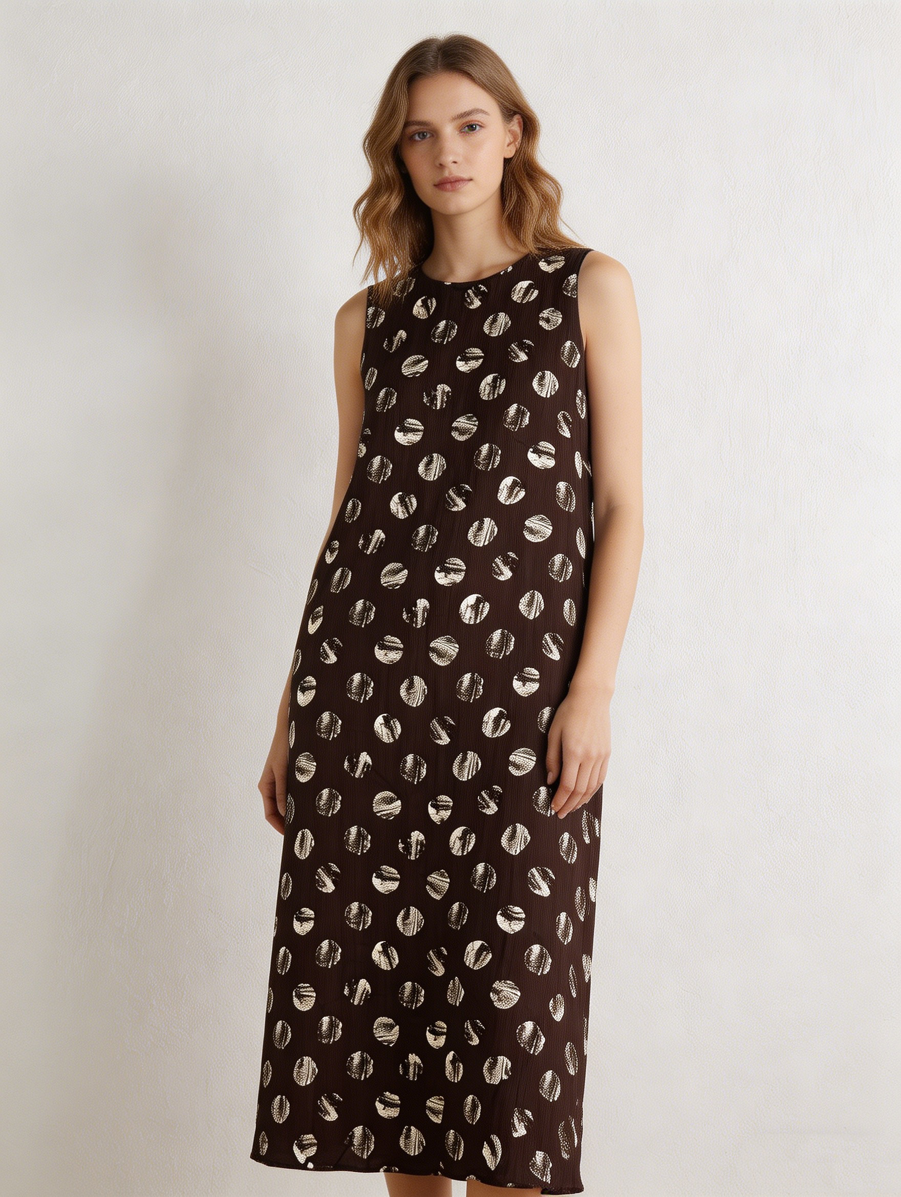 Women's Cream & Black Polka Dot Sleeveless Midi Dress - Relaxed Fit Dress  LA-710001