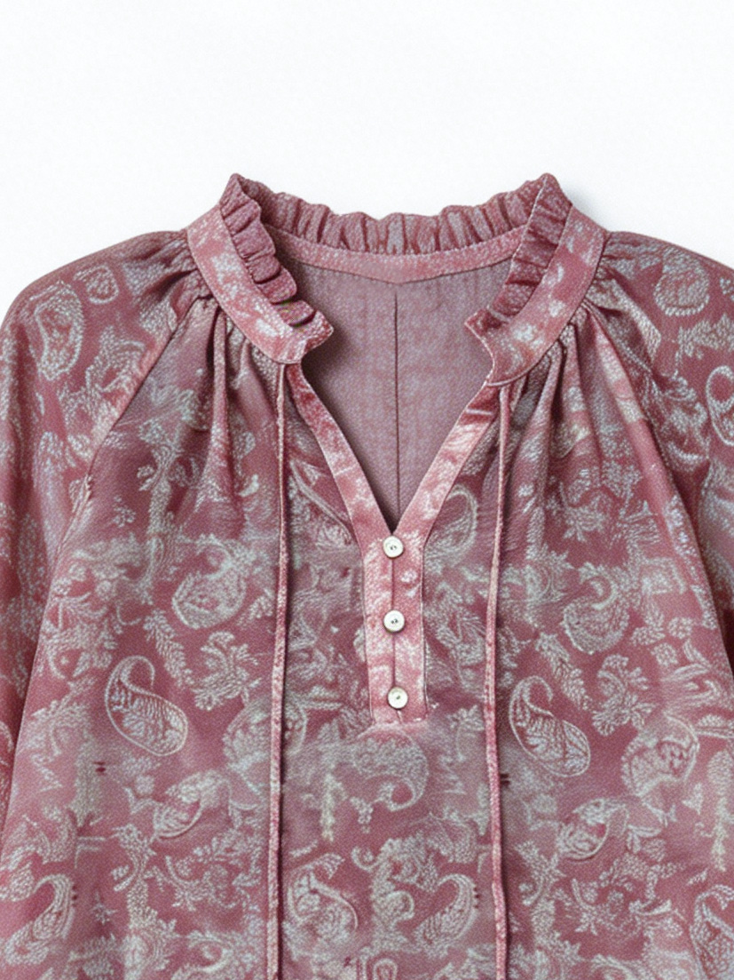 Boho Dusty Pink Paisley Print Shirt - Ruffle Neck Relaxed Fit Blouse N-41540
