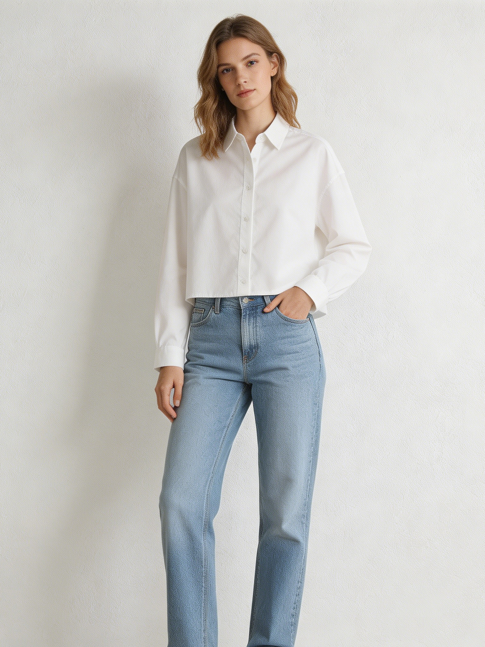 Chic White Cropped Blouse - Relaxed Fit Long Sleeve Shirt  S-2520