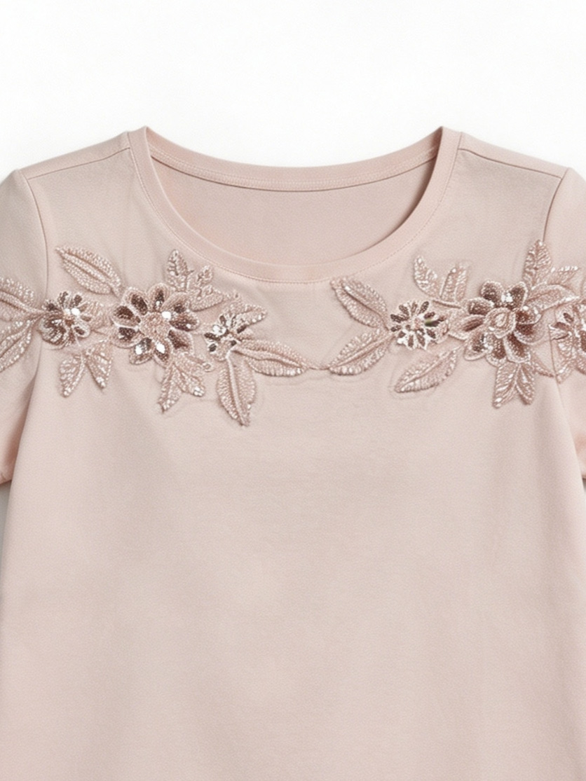 Chic Blush Pink Sequin Flower T-Shirt - Relaxed Fit Short Sleeve Top  S-2535