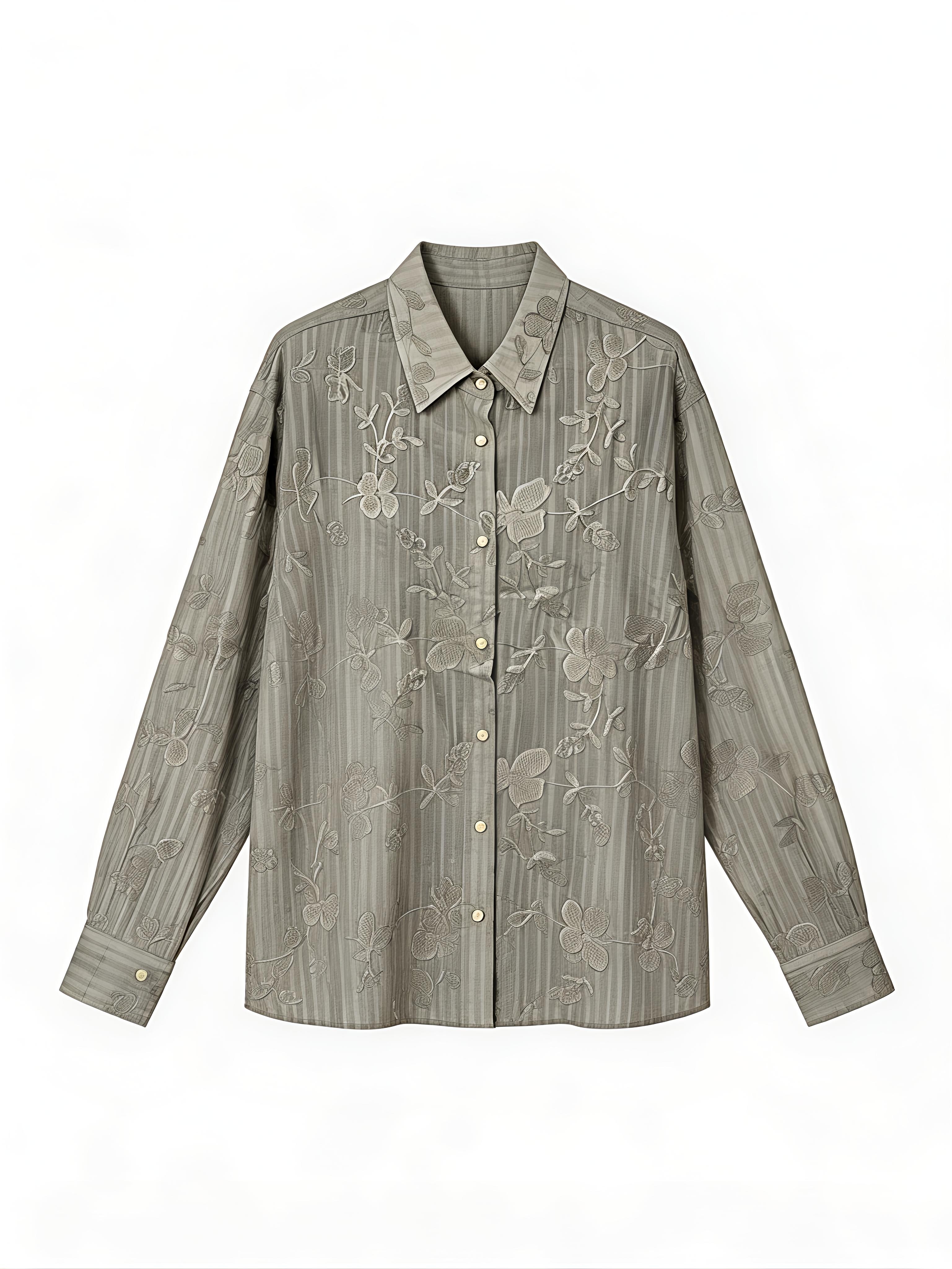 Minimalist Green Floral Embroidered Shirt - Casual Luxury Blouse  S-2537