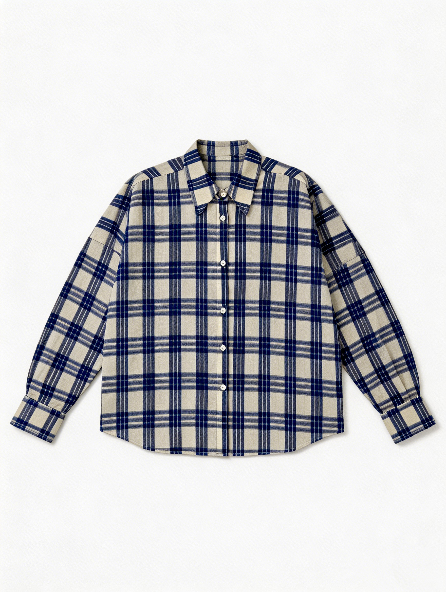 Women's Beige & Blue Plaid Oversized Collared Long Sleeve Shirt  S-2541