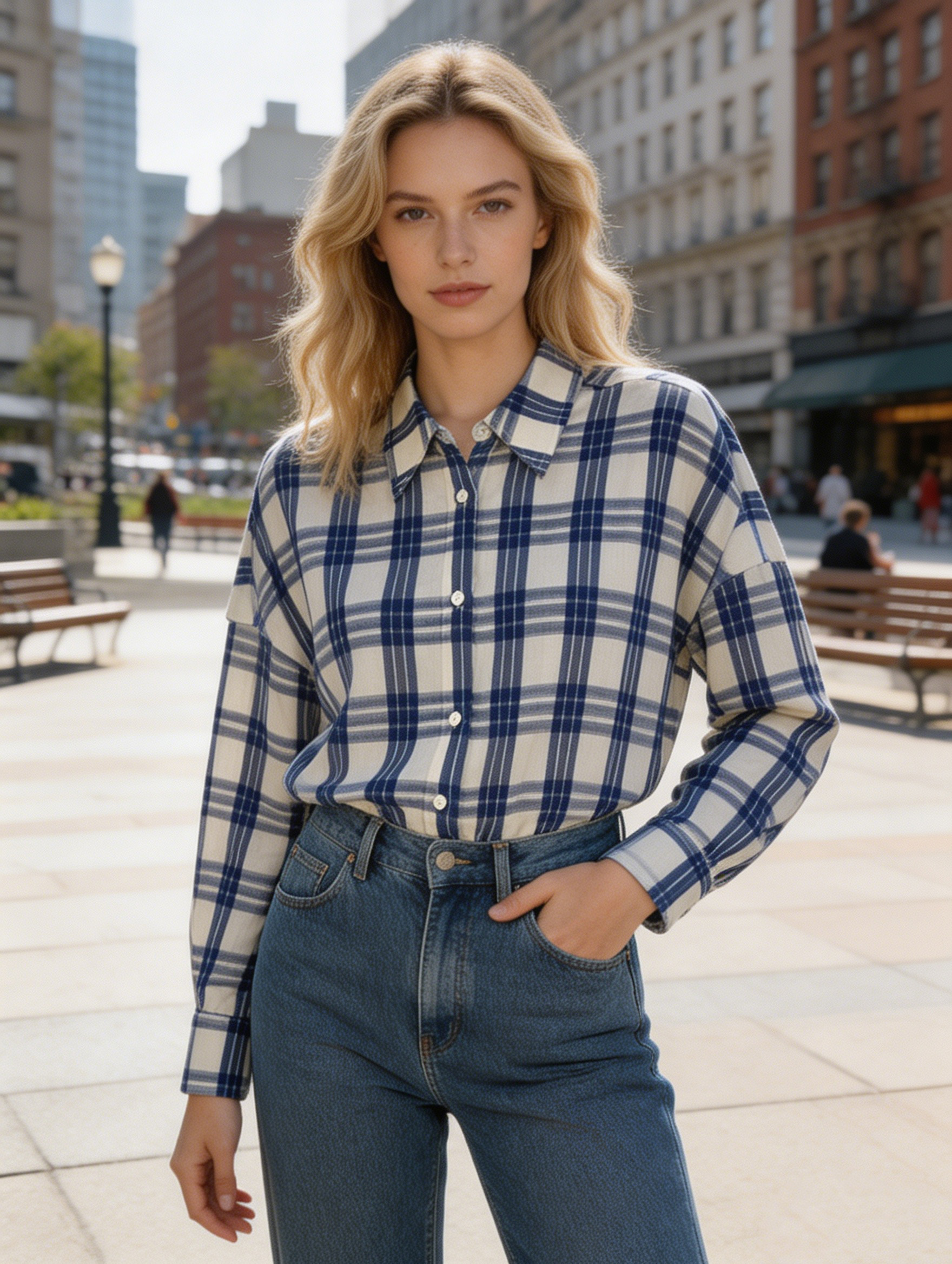 Women's Beige & Blue Plaid Oversized Collared Long Sleeve Shirt  S-2541