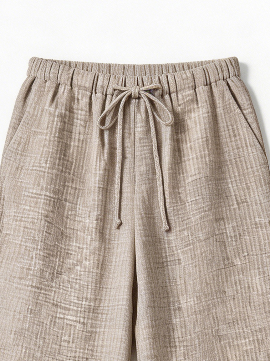 Women's Khaki Textured Drawstring Wide Leg Pants - Relaxed Fit Trousers  S-2543