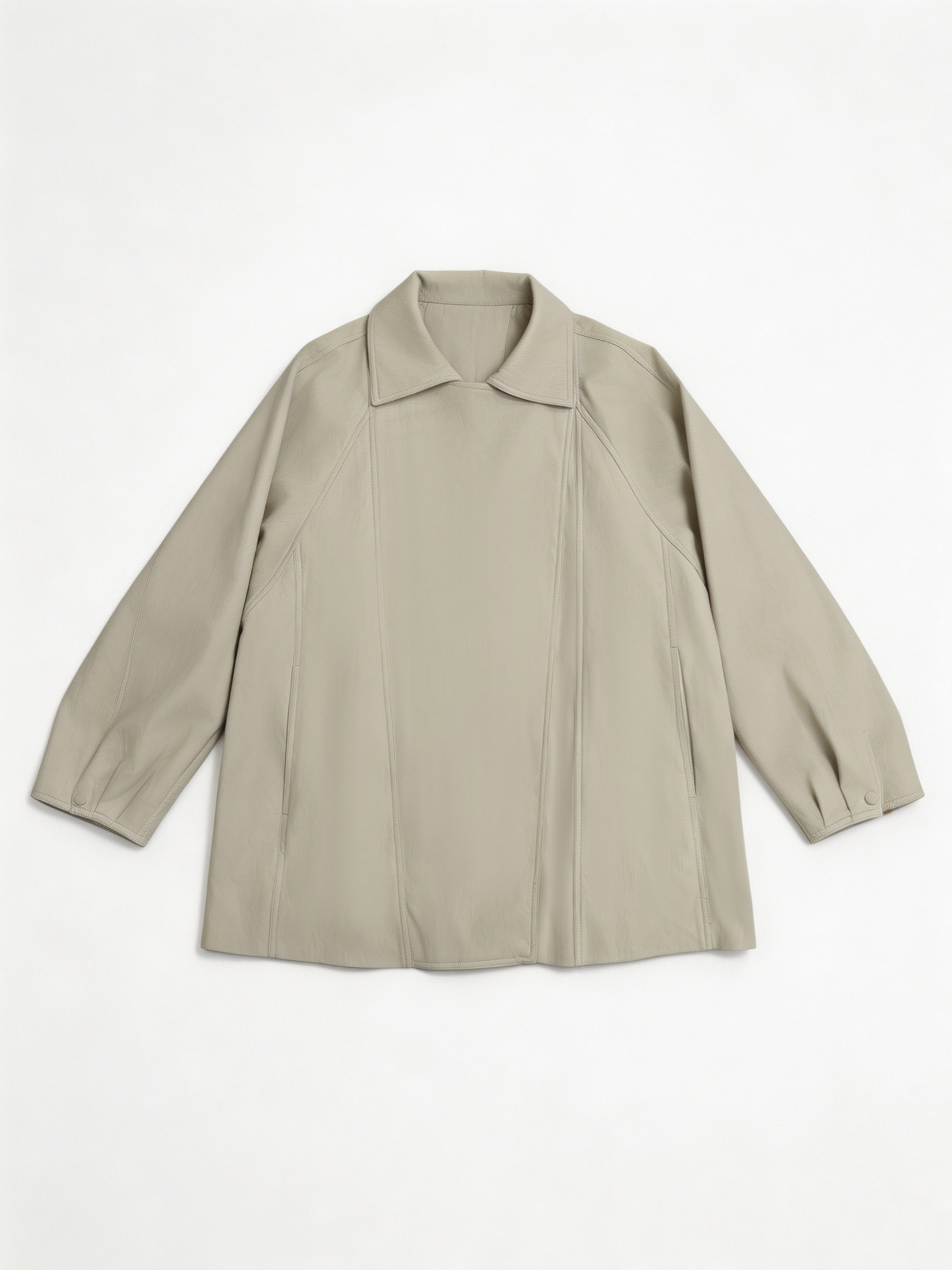 Old Money Style Light Beige Faux Leather Jacket - Oversized Lapel Drawstring Waist Coat  57722