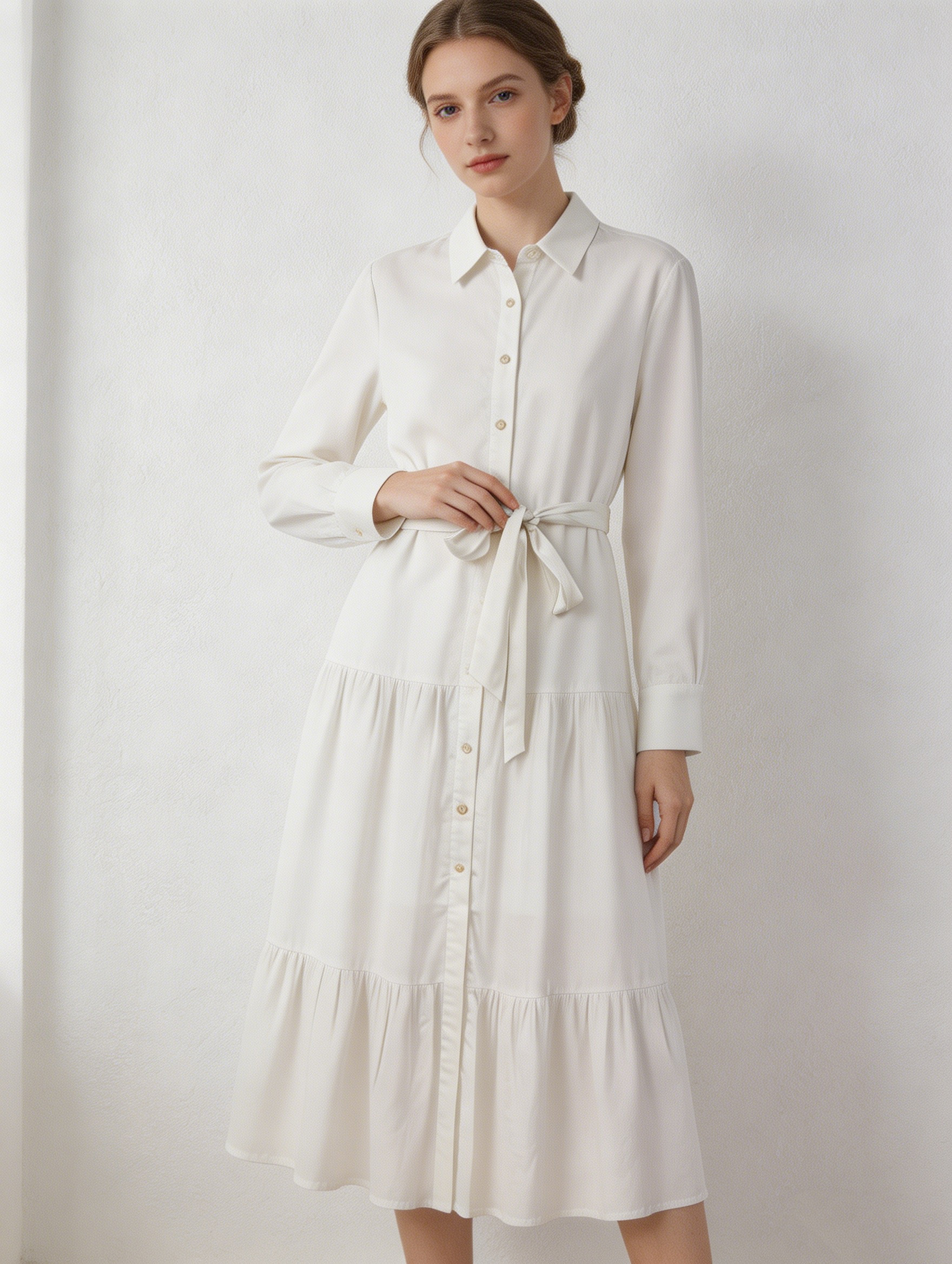 Classic White Shirt Dress - High-Waisted Belted Midi Dress S-2527