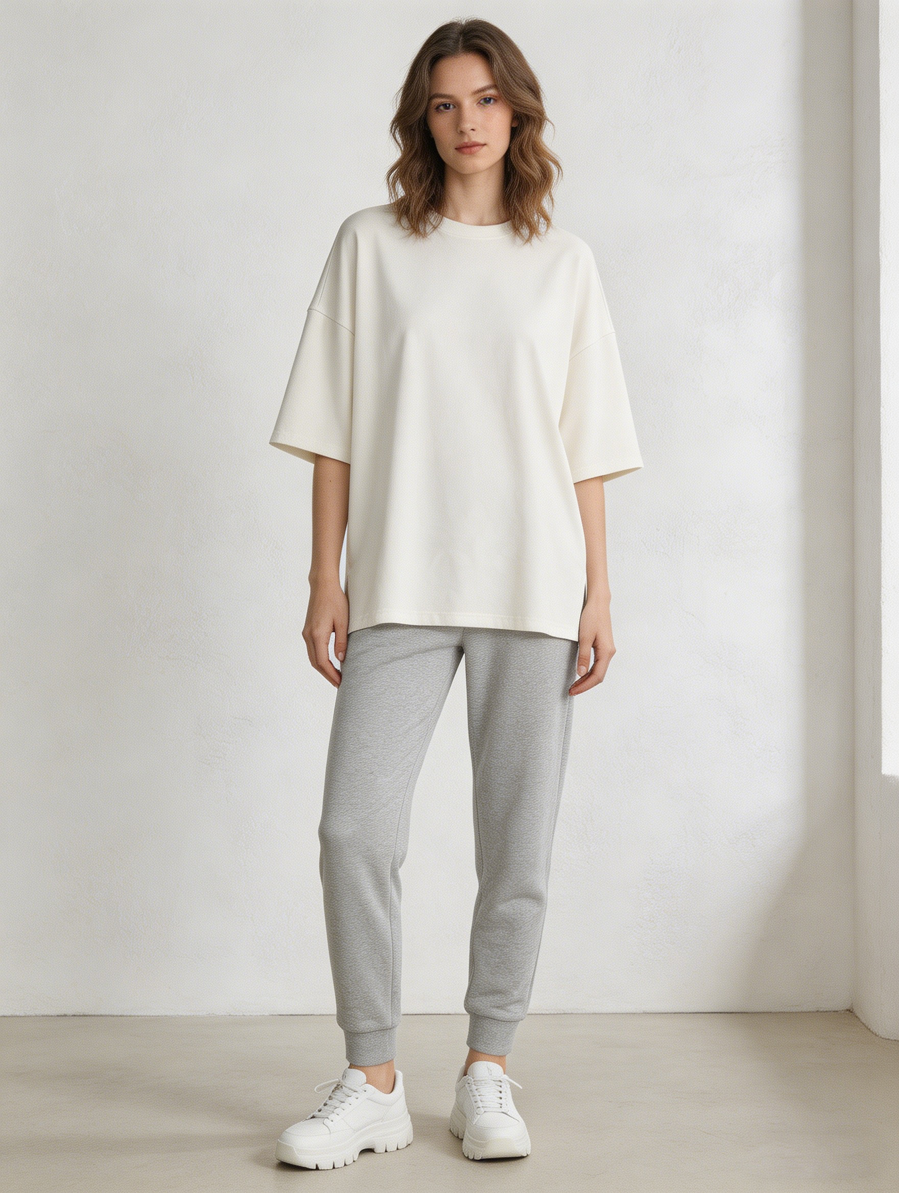 Elegant White Relaxed Fit Elbow Sleeve Tee - Casual Everyday Top  S-2533