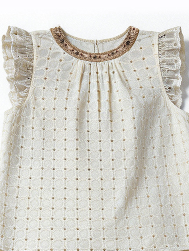 Women's Beige Embroidered Ruffle Sleeveless Top & Wide Leg Pants Set  W-40527+W-40528